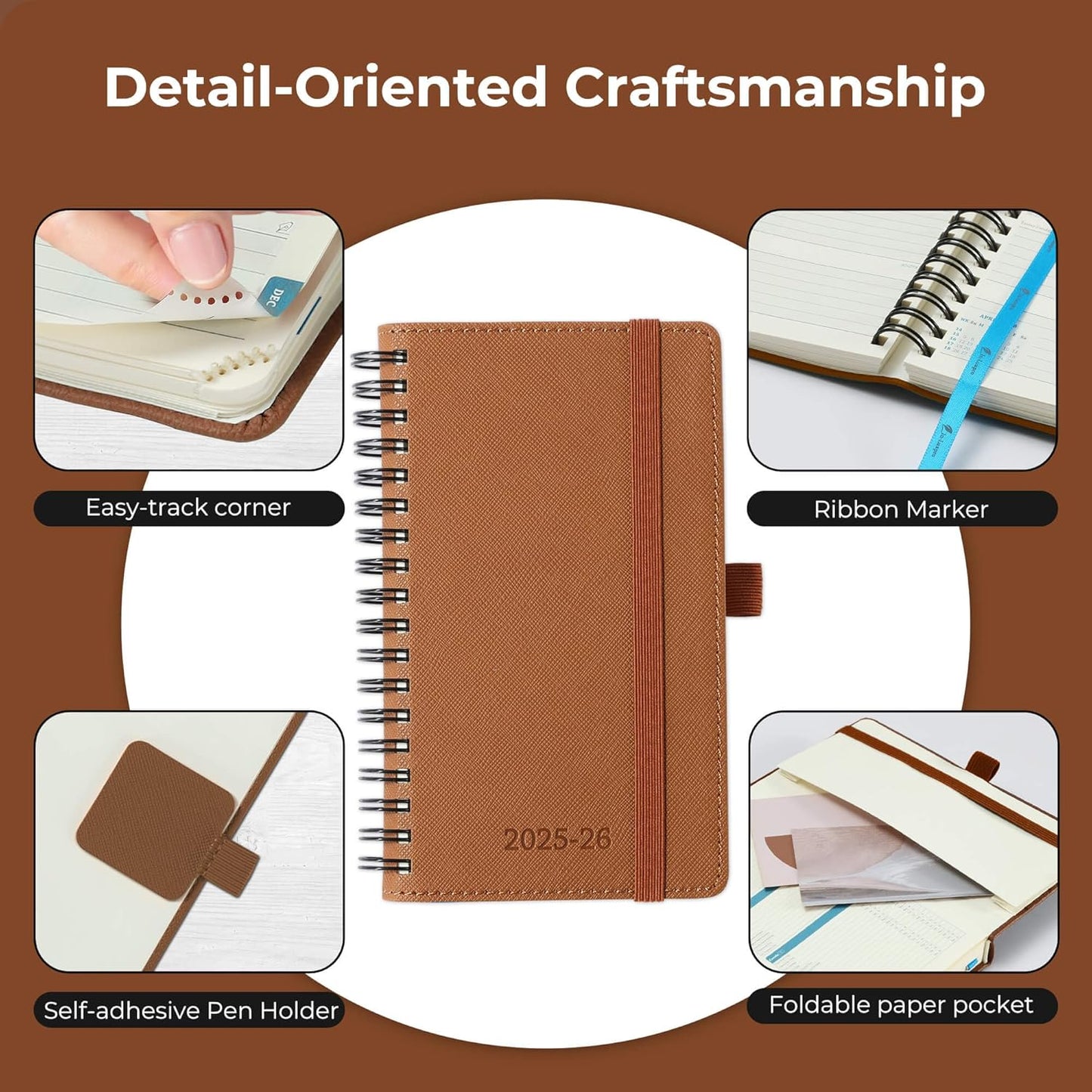 Planner 2025-2026 Daily Weekly and Monthly,6.5"x3.75",18 Months Spiral Bound Calendar Agenda with Self-adhesive Pen Holder,2026 Academic Plan with Vegan Leather Soft Cover,Brown