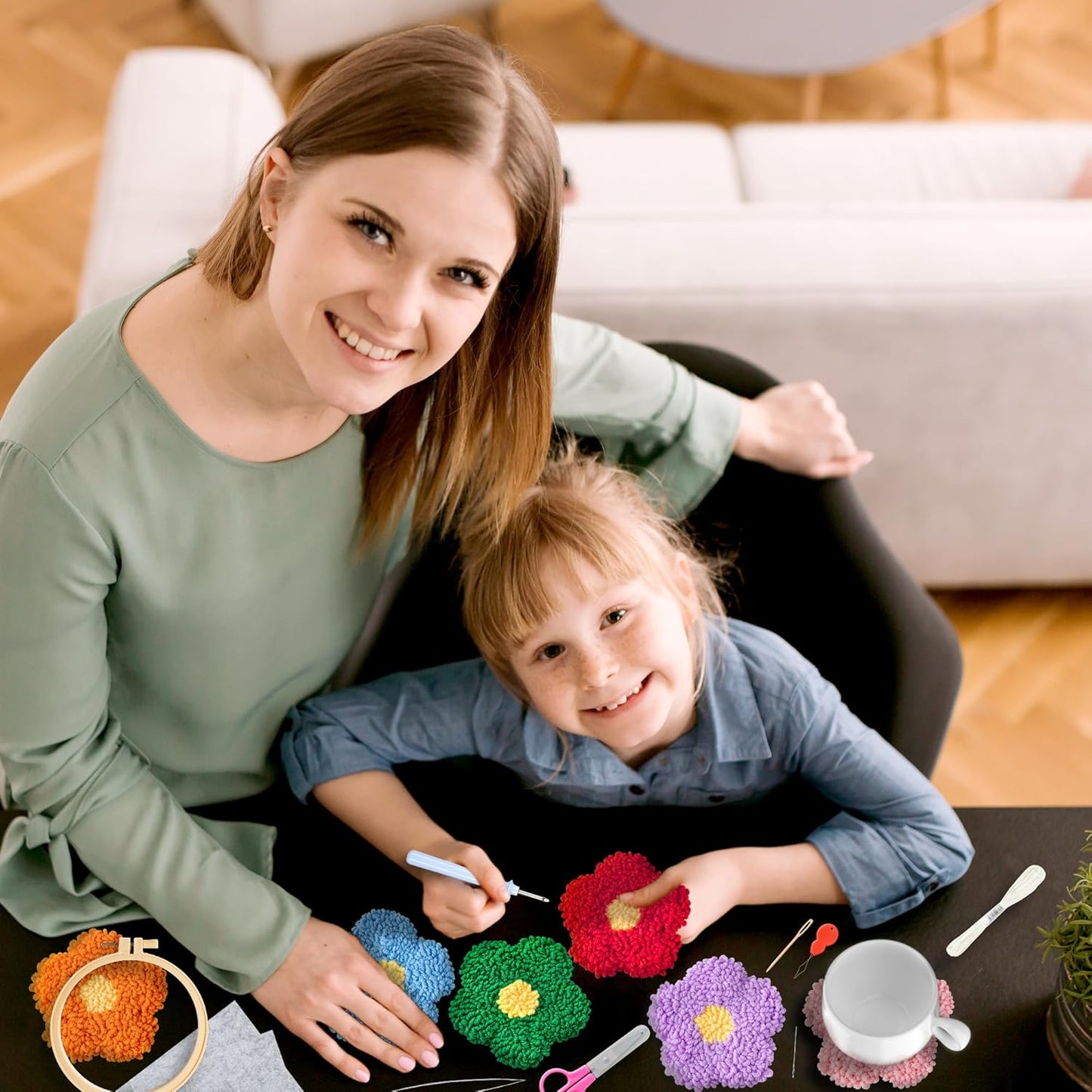 WATINC Flower Punch Needle Coaster Kit - 22Pcs Crafts Punch Needle Coasters Kits for Beginners, Flower Patterns Tufted Rug Pads with Adhesive Felt Yarns Embroidery Hoop Instruction