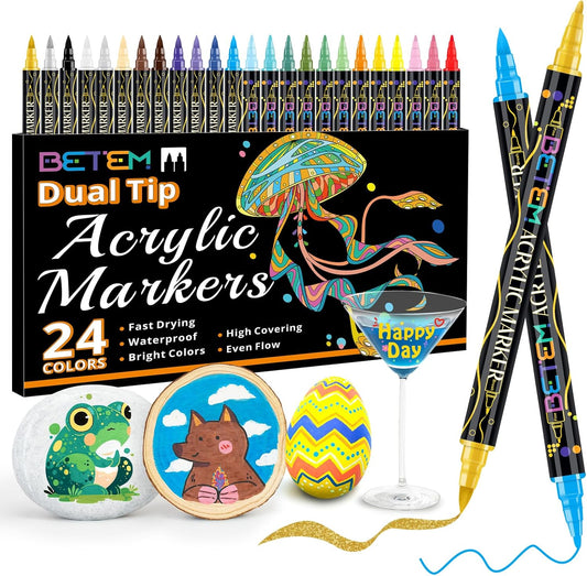 Betem Acrylic Paint Markers, Dual Tip 24 Colors Acrylic Paint Pens with Brush Tip and Fine Point, Art Supplies for Rock, Wood, Canvas, Stone, Glass, Ceramic, Rock Painting DIY Crafts Making Drawing