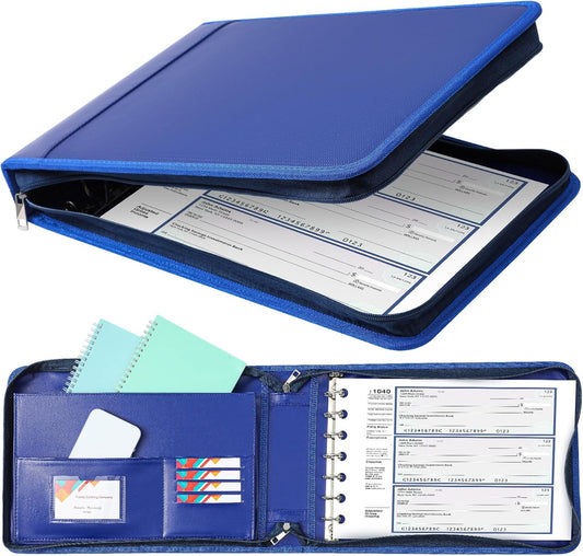 Henoyso 7 Ring Fireproof Business Checkbook Binder with Zipper 1.5 Inch D Rings Check Binder 9 x 13 Inch Checks 600 Sheets Capacity Built in Storage Organizer for Office Storage(Dark Blue,7 Ring)