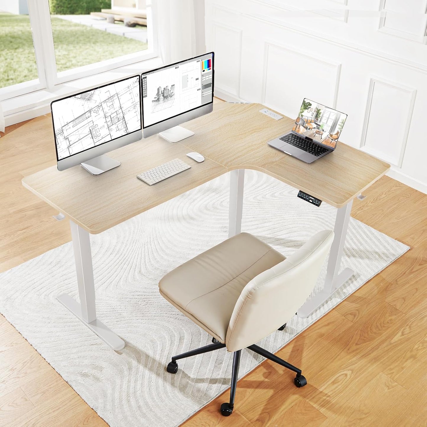 HUANUO 63″ Dual Motor L-Shaped Standing Desk, Built-in Power Outlets, Electric Height Adjustable Corner Computer Desk, Large Power Strip Holder, Sit Stand Up Desk with 3 Preset Heights, Natural Wood