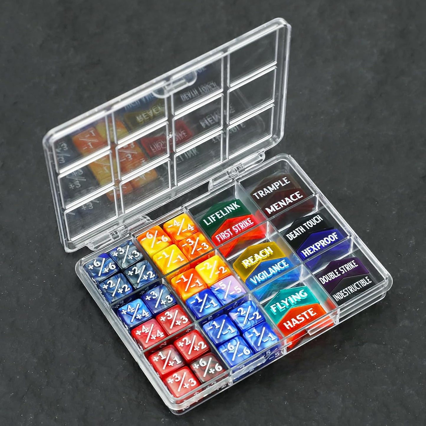 48PCS MTG Tokens & 12mm Dice Counter with Box, MTG Abilities Keyword Buff Tokens Life Counters Loyalty Dice for Magic The Gatering TCG Card Gaming Accessories CCG Creature Stats
