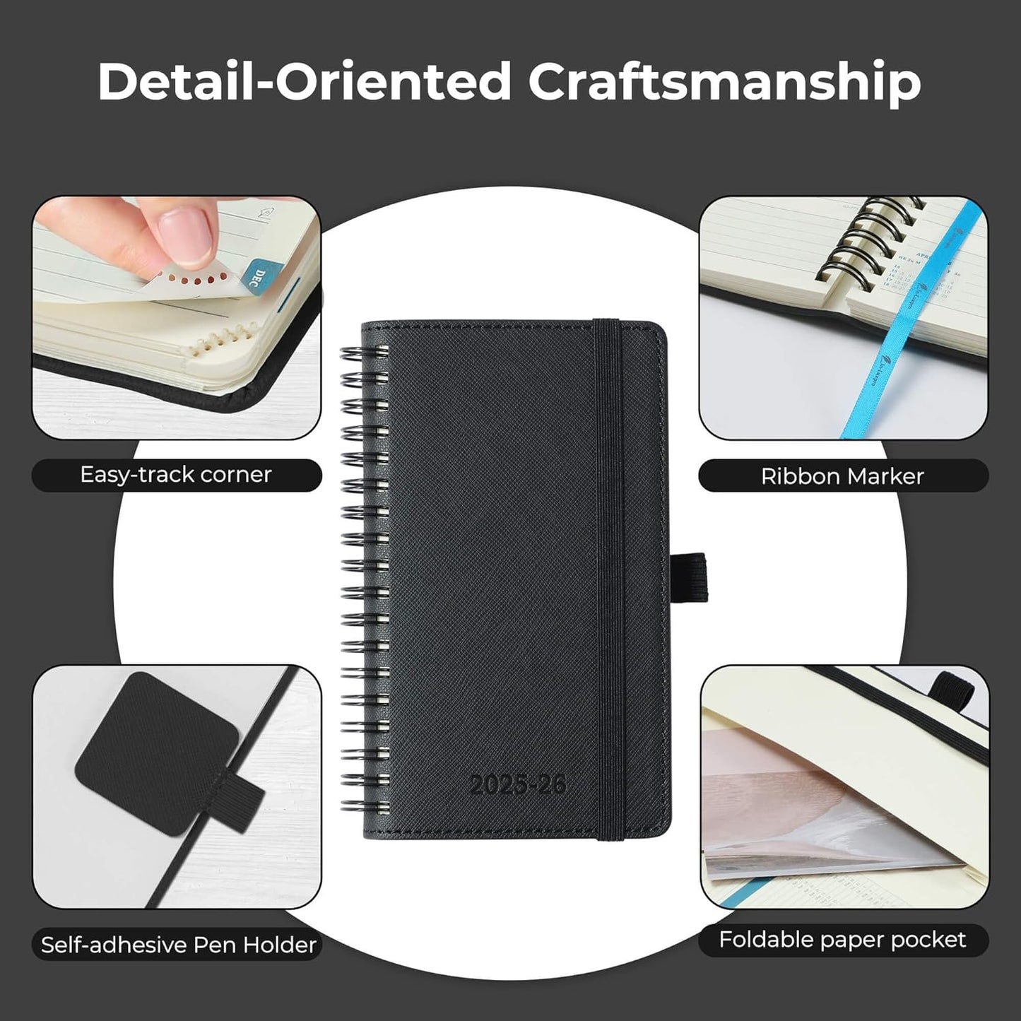 Planner 2025-2026 Daily Weekly and Monthly,6.5"x3.75",18 Months Spiral Bound Calendar Agenda with Self-adhesive Pen Holder,2026 Academic Plan with Vegan Leather Soft Cover,Black