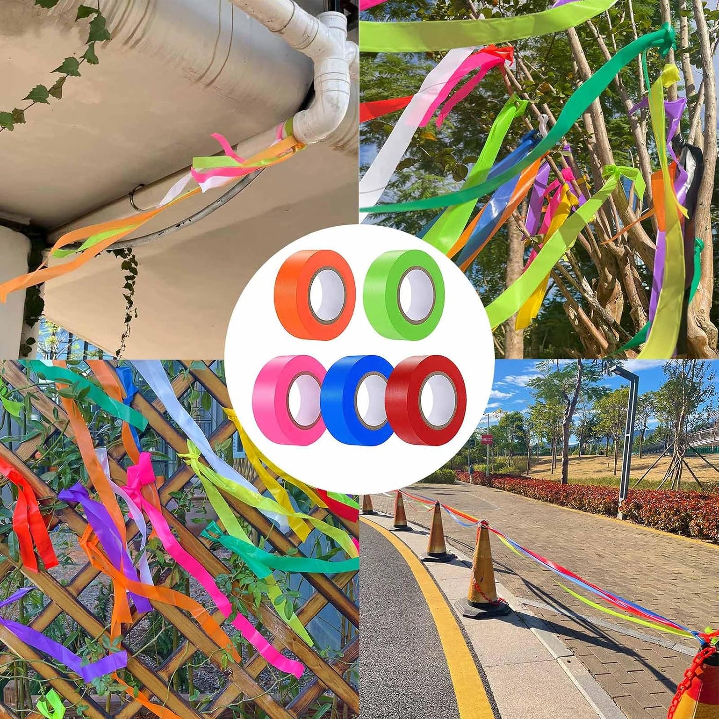 5 Pack Flagging Tape Assorted Flourescent Colors, Non-Adhesive Plastic Ribbon Neon Marking Roll, 0.78"*500ft, Marking Tape for Tree Marking, Hunting, Boundaries and Hazardous Areas,Trail Marking