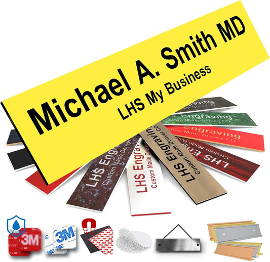 Door Name Plate Personalized for Office Yellow Plastic Name Plate Black Letters - Made in USA 2x12 B4