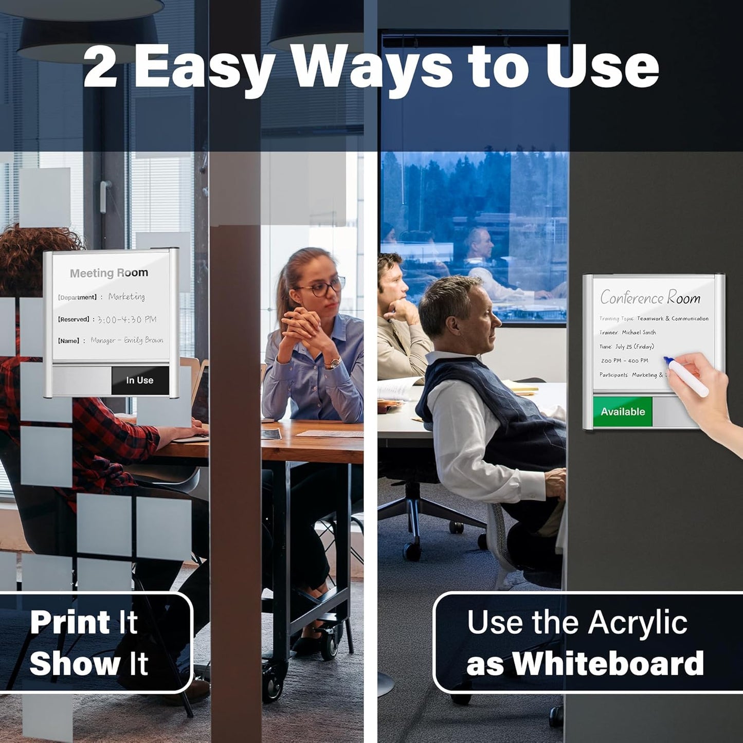 Conference Room Door Sign with Slider – Office Door Sign for Meeting Room, Brushed Silver Writable Whiteboard Panel, DIY Custom Insert, Fingerprint-Resistant, Self-Adhesive Mount, Clear Status Display, Rounded Corners