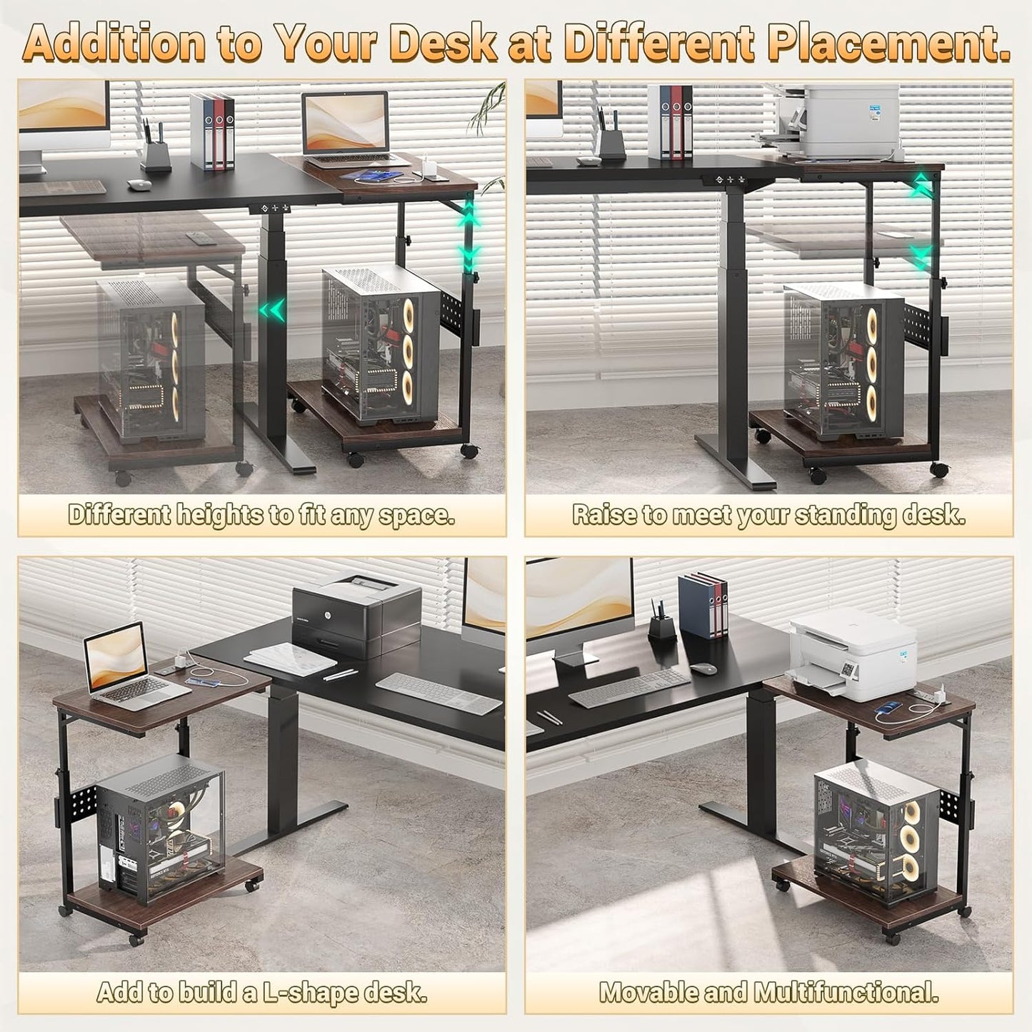 Computer Tower Stand with Power Strips, 4 Levels Manual Height Adjustable PC Tower Stand for Under Desk, Mobile Rolling CPU Holder, Computer Cart with Wheels, 24", Black Walnut