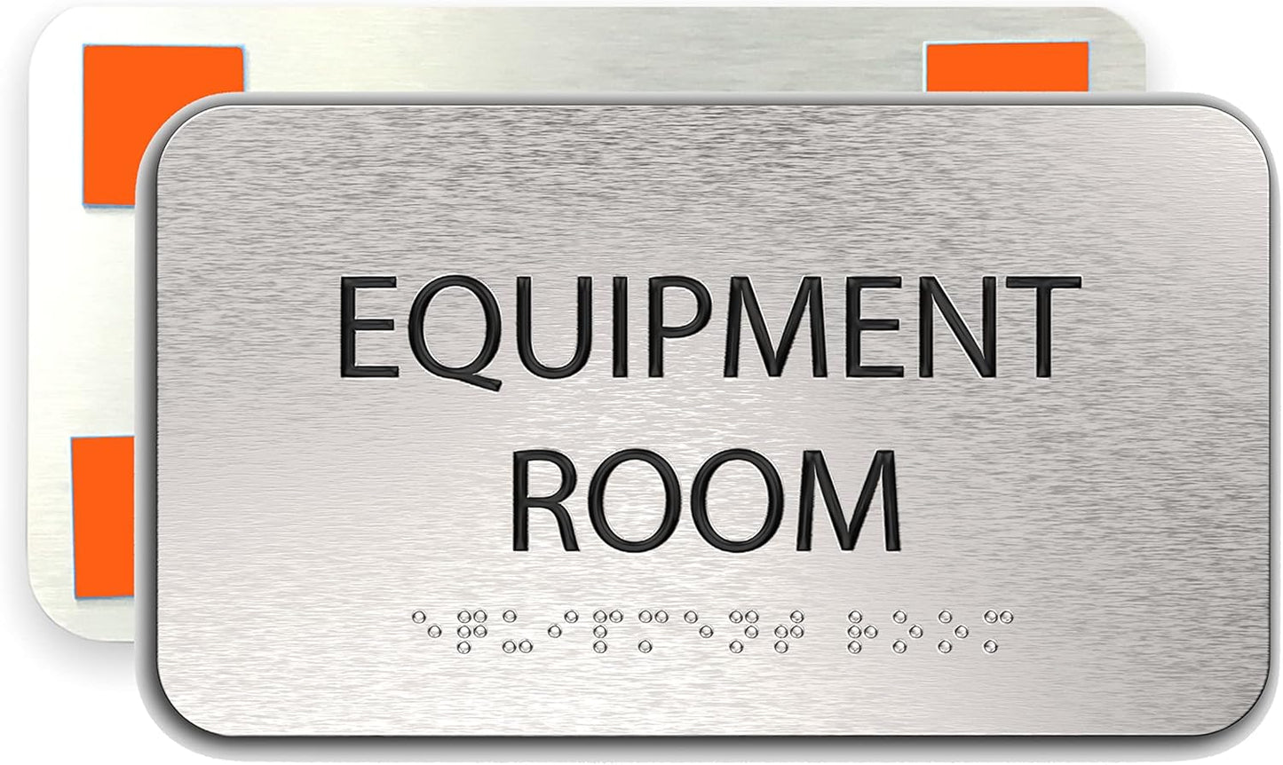ADASigns Equipment Room Sign 7" W x 4" H - Durable Brushed Aluminum with Grade 2 Braille - Easy Installation with Strong Double Sided Tape - ADA Compliant Office Door Signs for Businesses & Offices