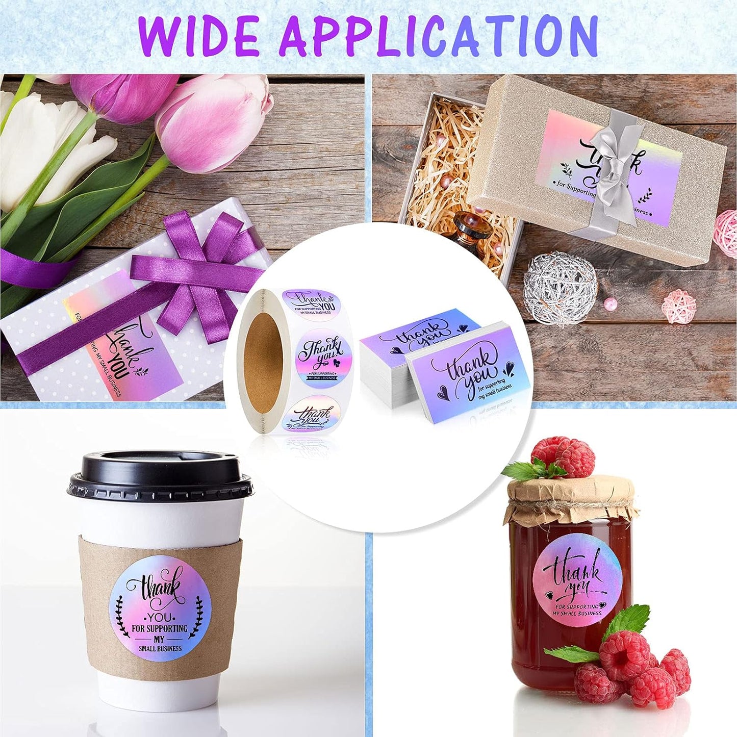 1120 Pcs Thank You Cards and Stickers Set, Include 120 Business Card 1000 Roll Labels Thank You for Supporting My Small Business Stickers Package Insert(Holographic Style)