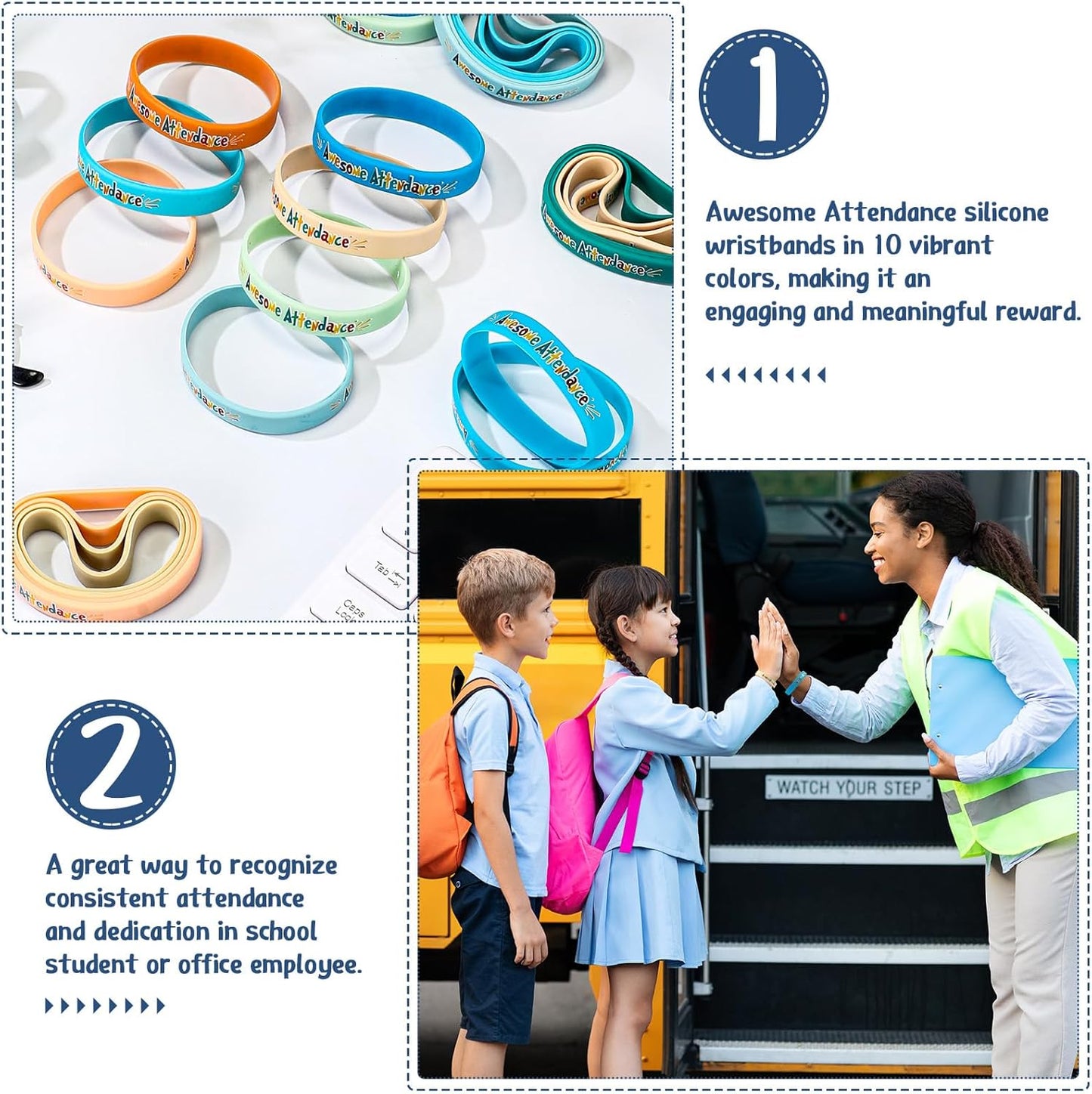 100 Pcs Awesome Attendance Wristbands for Students, Perfect Attendance Awards for Classroom Prizes, Unisex Stretch Silicone Motivational Wristbands for Student from Teacher Classroom Prizes