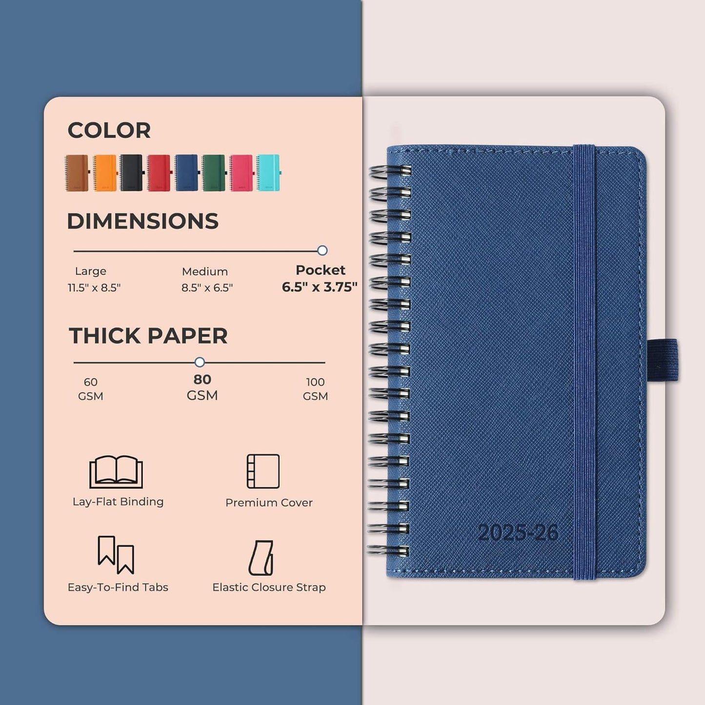 Planner 2025-2026 Daily Weekly and Monthly,6.5"x3.75",18 Months Spiral Bound Calendar Agenda with Self-adhesive Pen Holder,2026 Academic Plan with Vegan Leather Soft Cover,Blue