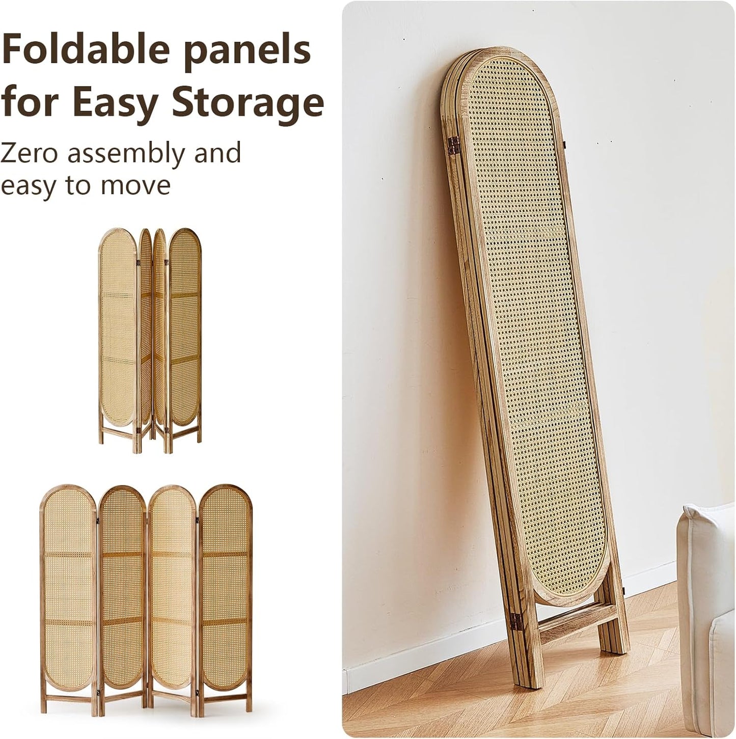 4 Panels Room Dividers and Hand-Woven Rattan Room Divider Wall, Wood Room Divider Folding Privacy Screens for Home Office Bedroom, Light Brown