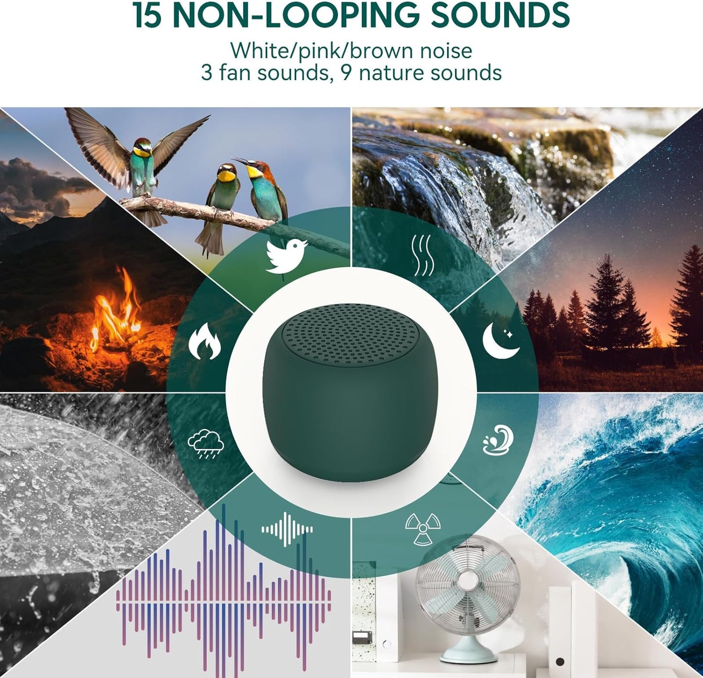 Babelio White Noise Sound Machine for Adults Kids Baby, Mini, 15 Non-looping Sounds, Timer, Memory Function, Easy to Pocket and Travel Green