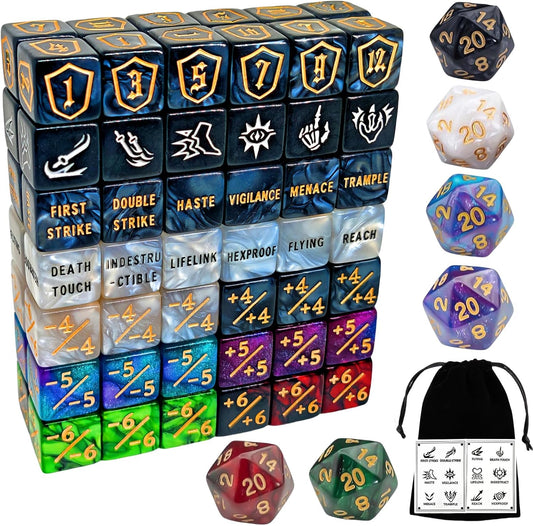 90 PCS MTG Counter Dice Set - AbilityKeyword Counters, -1/+1 Life Counter, Shield Counter, MTG Patterned Display dice, Creature Stat Buffs, Multicolor Marble Colour D6 Dice, MTG Games (Includes Bag)