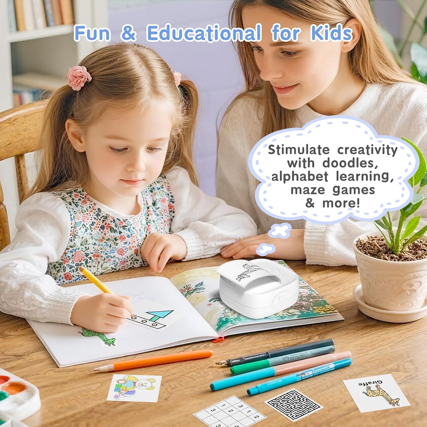 JD-23 Sticker Printer, Mini Portable Thermal Printer Print Pod, Inkless Bluetooth Label Maker with Smart App for Phone & Tablet for Office & Home Use, 2 Rolls Sticker Paper, White