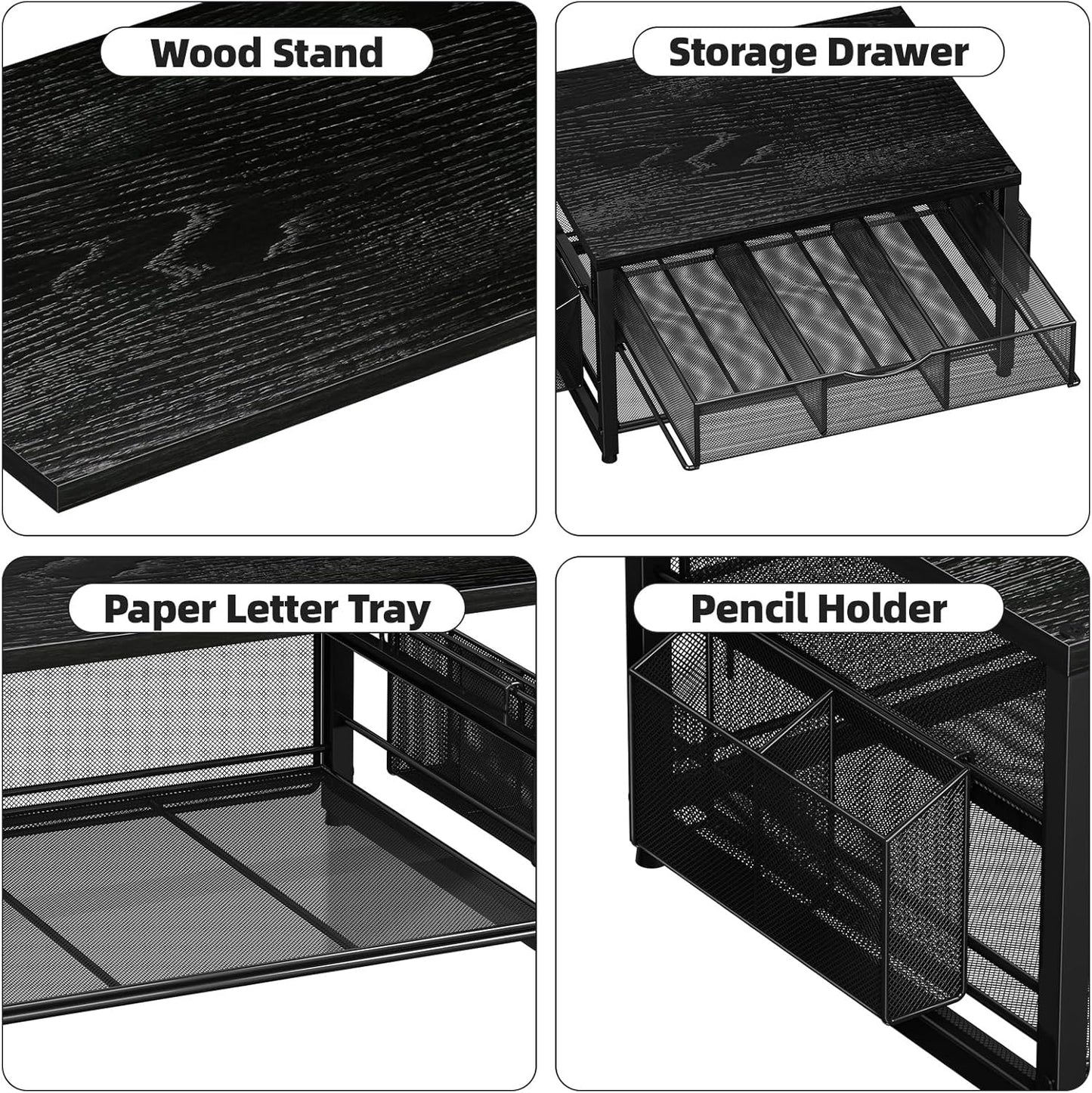 Marbrasse Wood Printer Stand for Desk, 2-Tier Desktop Printer Table for Home Office, Printer Stand with Storage Drawer 2 Pen Holders, Multi-Purpose Desk Organizer for Fax Machine Scanner (Wood Black)