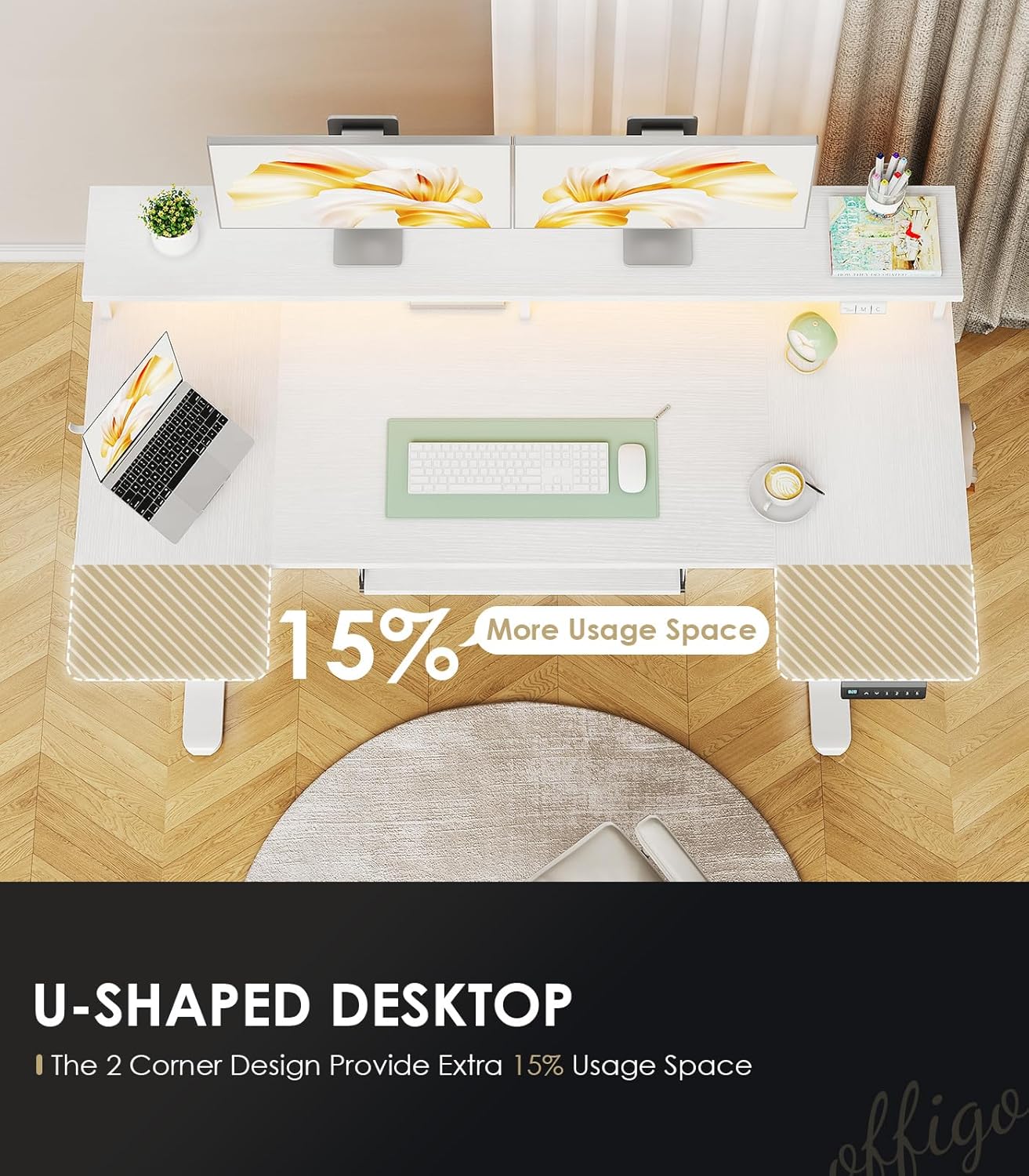 OffiGo U Shaped Electric Standing Desk with Keyboard Tray, 55 Inch Height Adjustable Desk with Power Outlets & LED Lights, Sit Stand Table with Monitor Stand for Home, Office, White