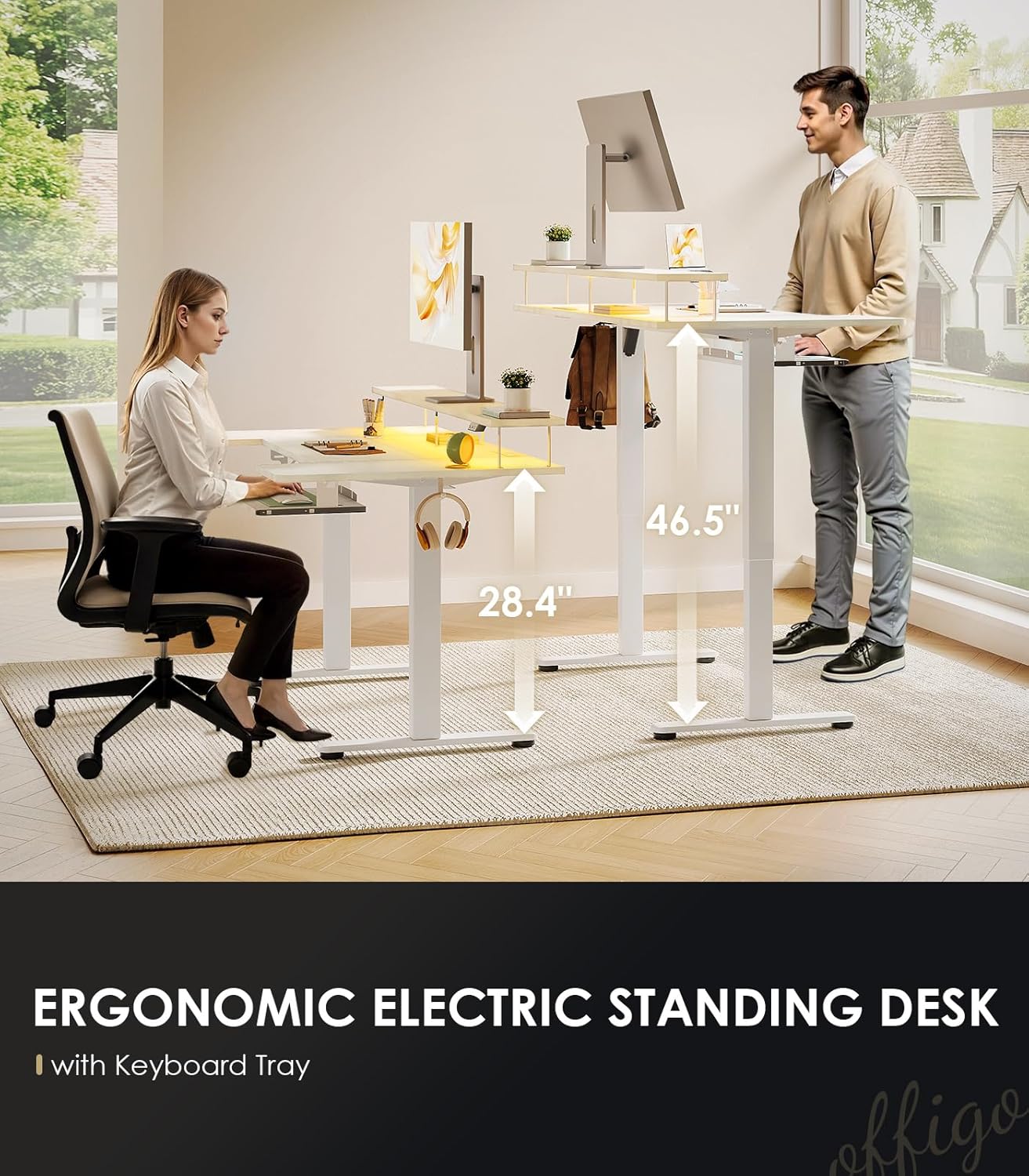 OffiGo U Shaped Electric Standing Desk with Keyboard Tray, 48 Inch Height Adjustable Desk with Power Outlets & LED Lights, Sit Stand Table with Monitor Stand for Home, Office, White