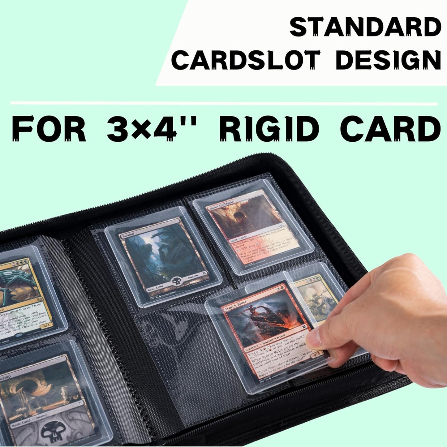 Toploader Binder, Holds 128+ Toploaders, 4 Pocket Top Loader Card Storage Case, Double-Sided Pockets for trading card in 3 x 4'' Toploaders (Light Green)