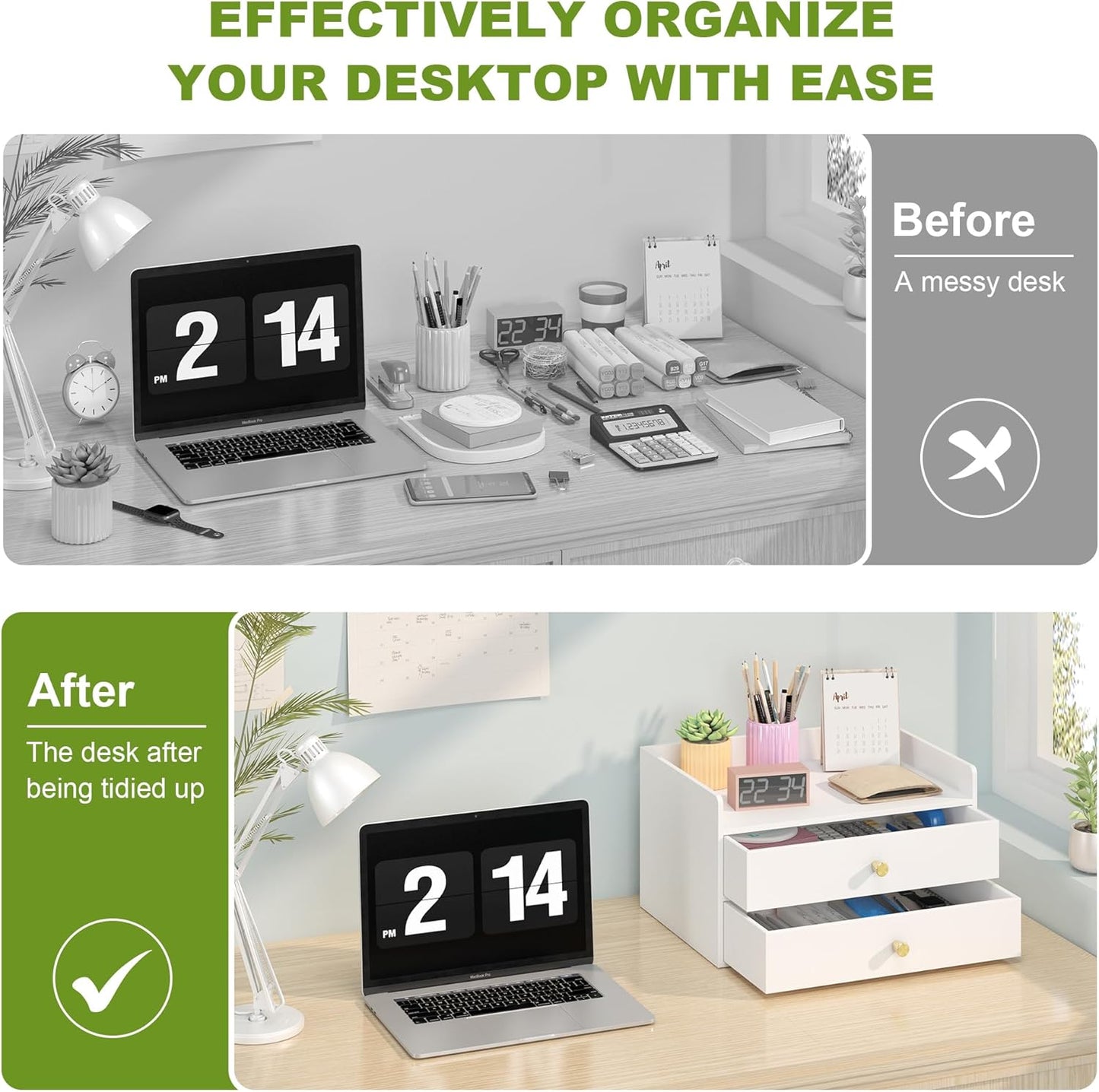 Bamboo Desk Organizer - Stackable, No Assembly Required, Ideal for Office/Home Use - Perfect for Toiletries, Stationery, Accessories. (White, Two level drawer box with sides)