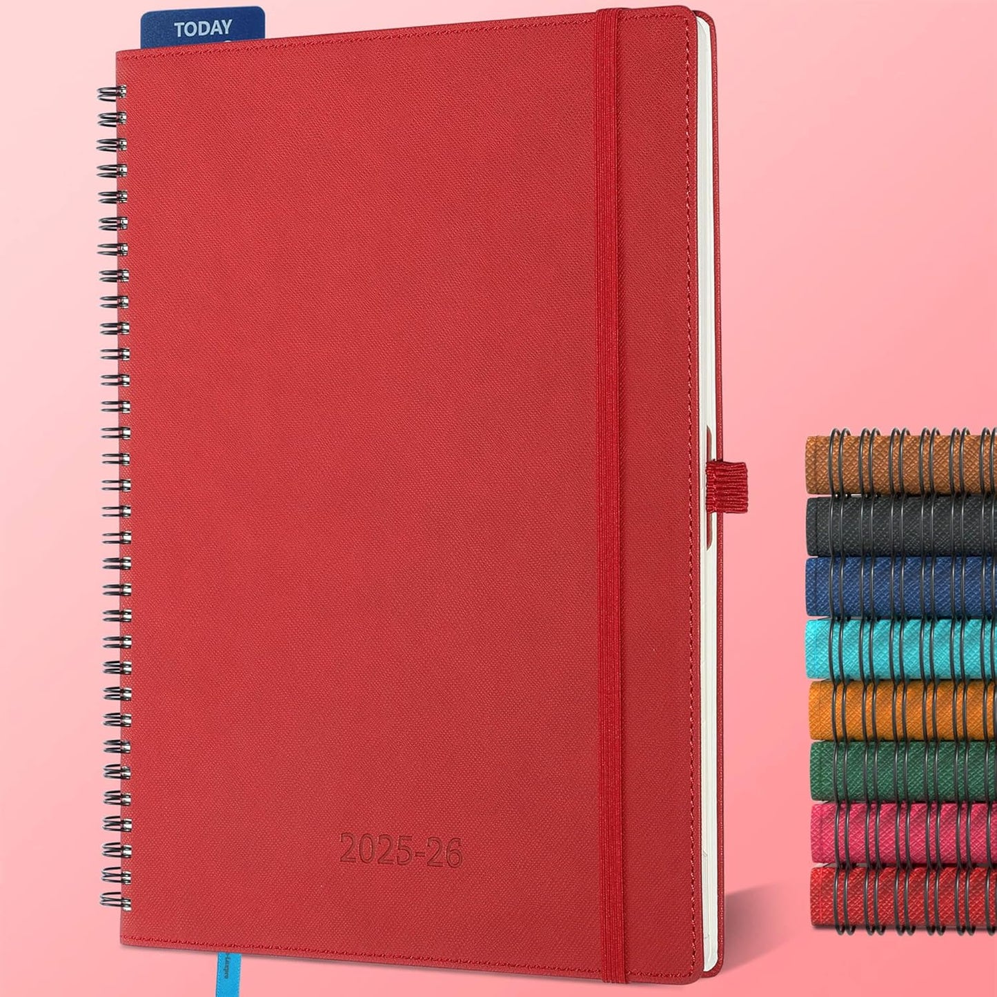Planner 2025-2026 Daily Weekly and Monthly,11.5"x8.5",18 Months Spiral Bound Calendar Agenda with Self-adhesive Pen Holder,2026 Academic Plan with Vegan Leather Soft Cover,Red