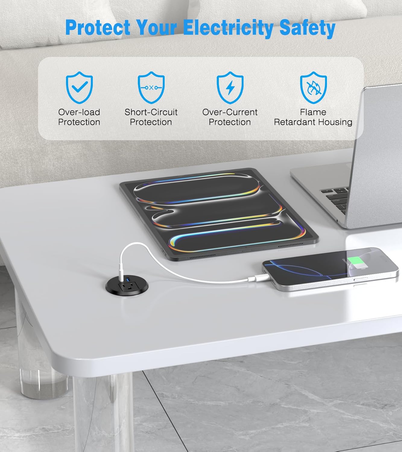 2 inch Desk Power Grommet Outlet, Recessed Power Outlet with 20W USB-C Fast Charging, for Conference Rooms, Office Tables, Furniture, 6FT Cord(ETL Listed)