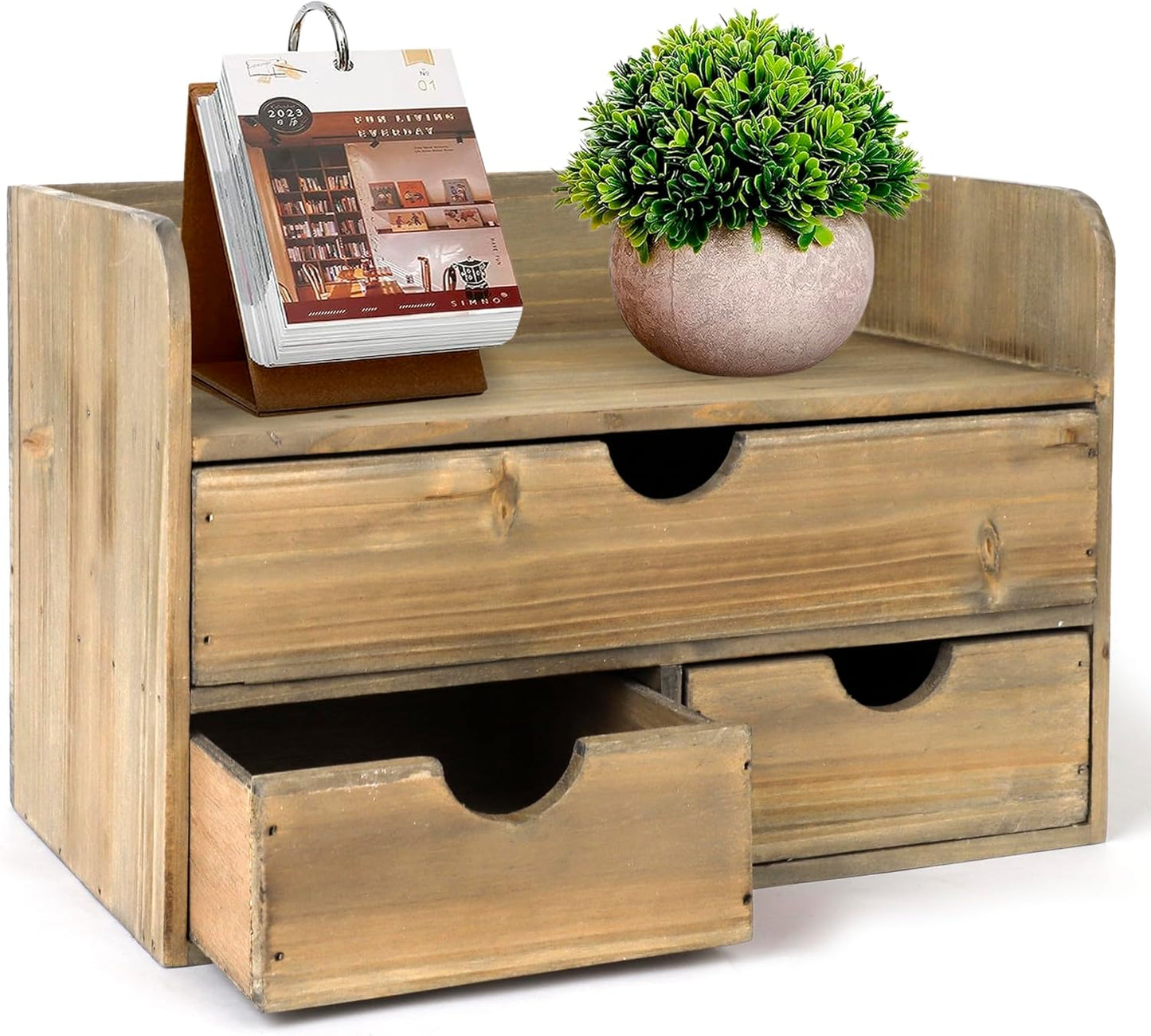 Besti Wooden Office Desk Organizer - Organizing Tool for Desktop, Cubicle, Bedroom, Kitchen - Vintage Style Organization Caddy with Top Tray Shelf & 3 Drawers - 13.6x9x7 Inches (Rustic Burnt)