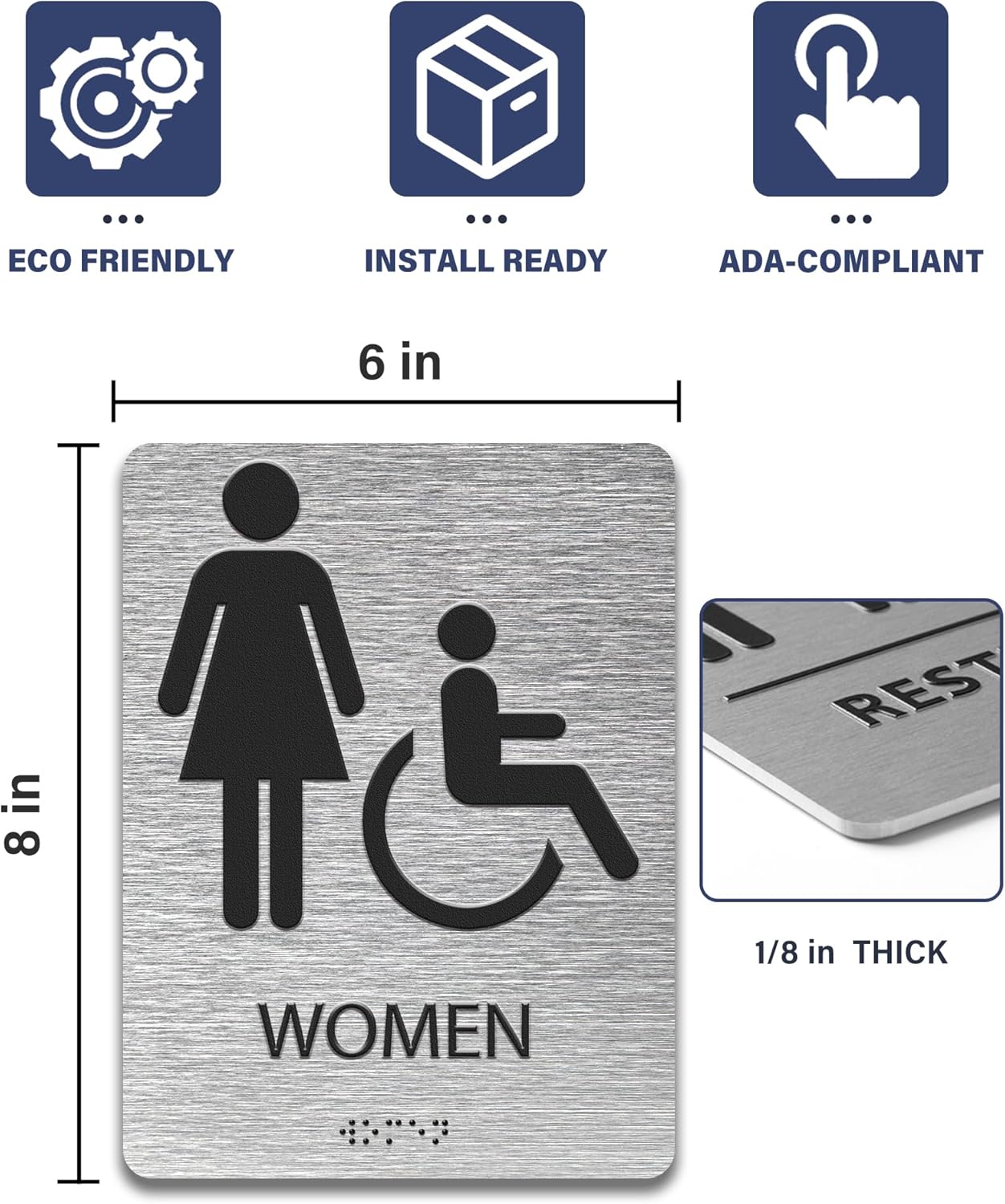ADA-Mark Modern Restroom Sign for Business - 2PK ADA Compliant Braille Bathroom Sign with Easy Installation - 6" W x 8" H