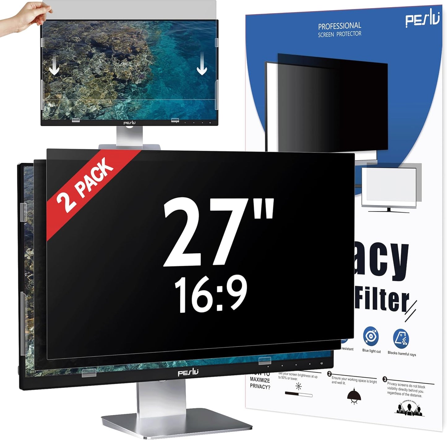 [2-Pack] 27 Inch Privacy Screen for Computer Monitor 16:9 Aspect Ratio, Eye Protection Anti Blue Light Glare Shield, 27inch Removable Black Blackout Anti Spy Desktop Security Private Filter