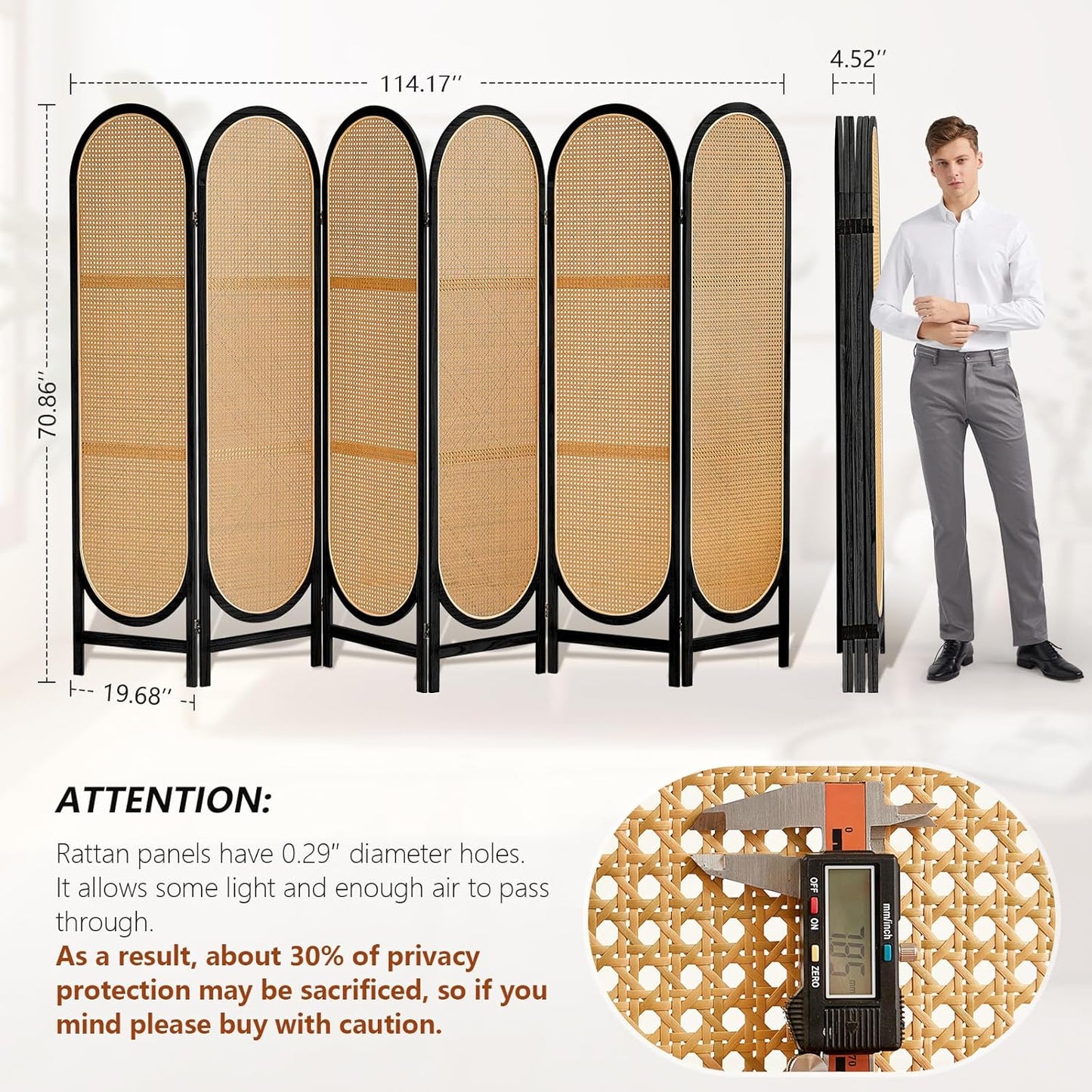 5.9 Ft Tall Rattan Room Divider 6 Panels, Wood Room Divider Panel, Folding Screen Divider Wall, Folding Privacy Screen, Portable Wall Divider for Room Separation Home Office - Black