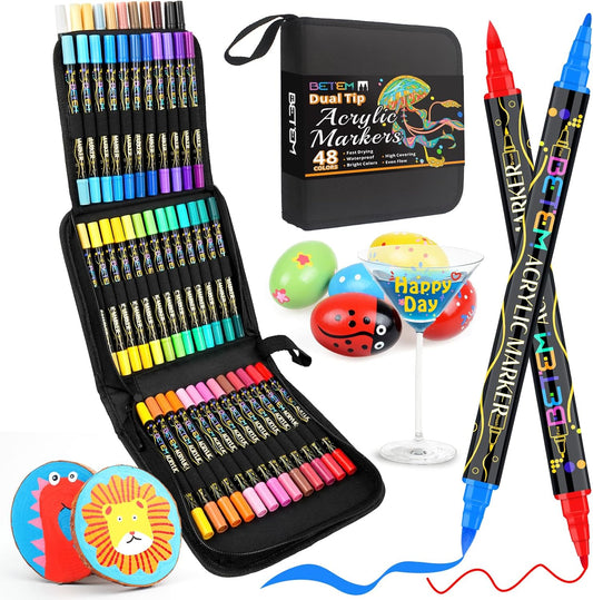 Betem Paint Markers Acrylic Paint Pens, Dual Tip 48 Colors Acrylic Markers with Brush Tip and Fine Point, Art Supplies for Wood, Canvas, Stone, Glass, Rock Painting Kit DIY Crafts Drawing Kit with Bag