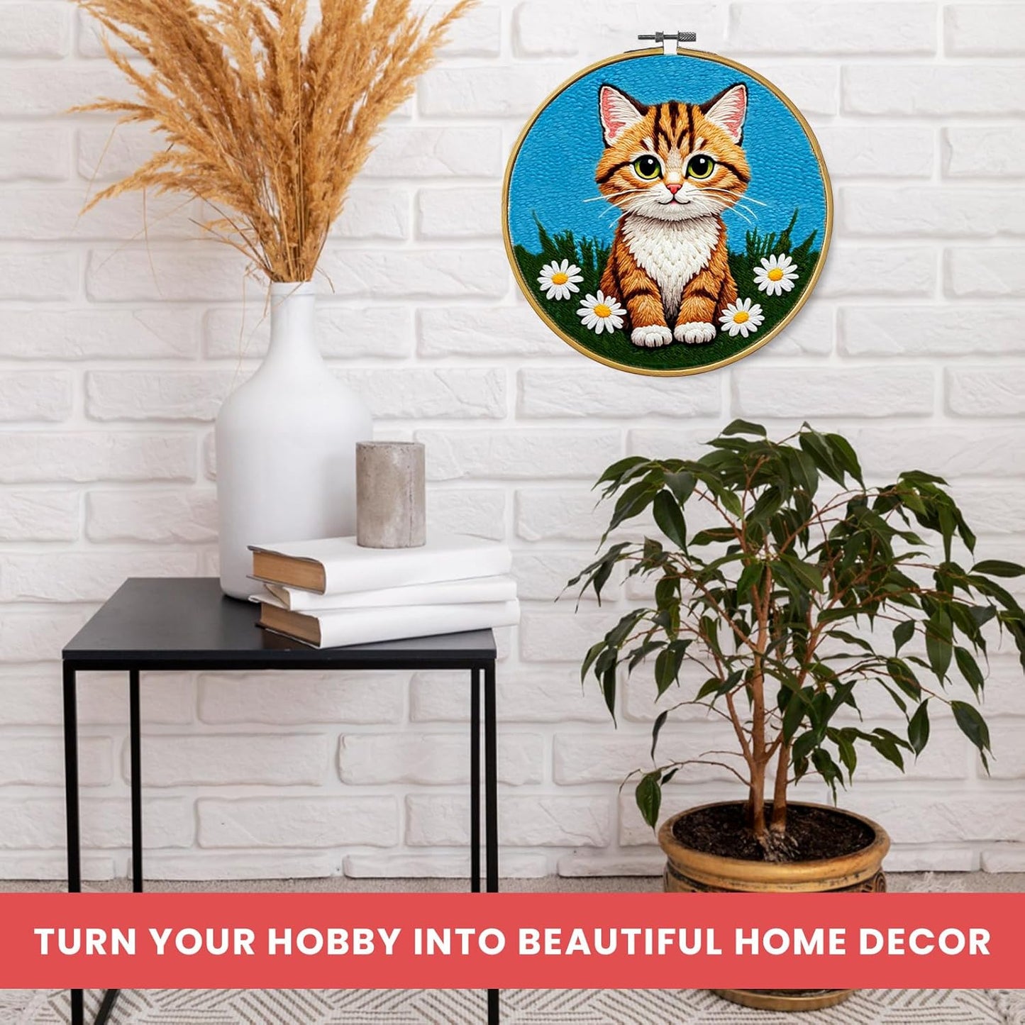 Eflin Punch Needle Kits Adults Beginner - Needlepoint Kits for Adults, Cute Cat & Daisy Pattern, Natural Bamboo Hoop, Yarns, Tools, Craft Kits for Beginners, Rare Gift for Crafts, Decors, Festivals