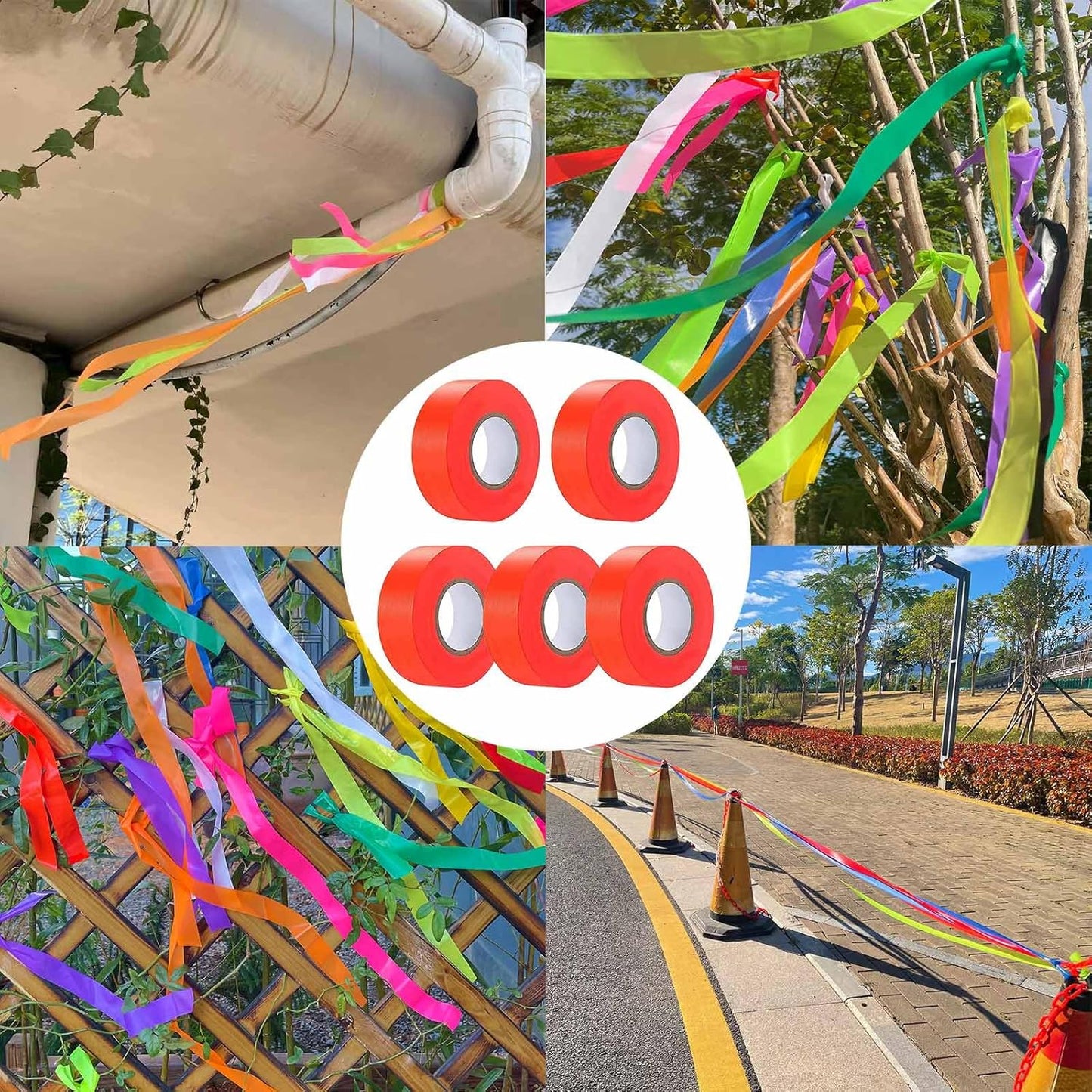 5 Pack Orange Flagging Tape, Non-Adhesive Plastic Ribbon Neon Marking Roll, 0.78"*500ft, Marking Tape for Tree Marking, Hunting, Boundaries and Hazardous Areas,Trail Marking