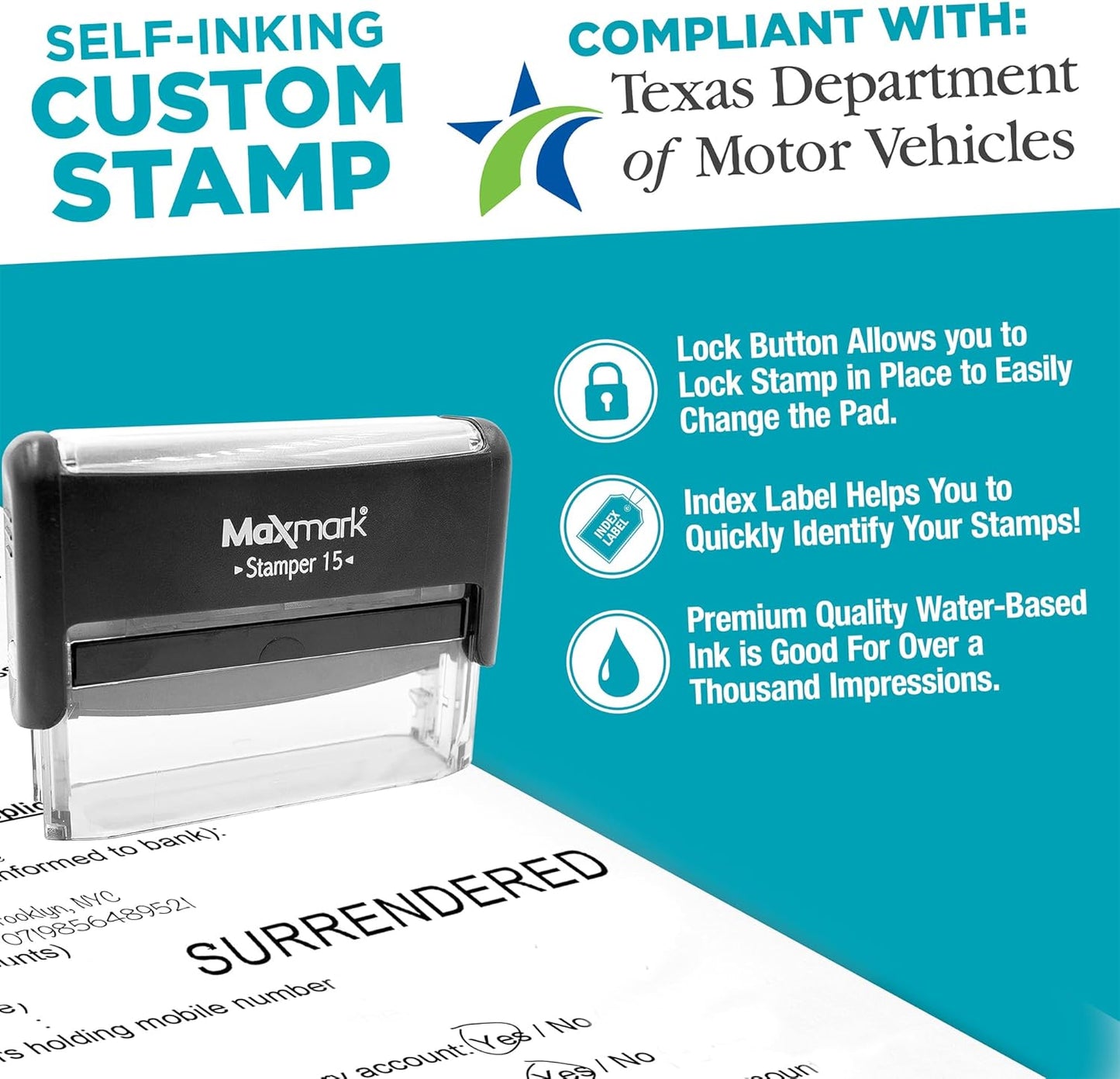 Surrendered Self Inking Stamp - TxDMV Compliant - Required for webDEALER Program - Professional Self-Inking Stamp