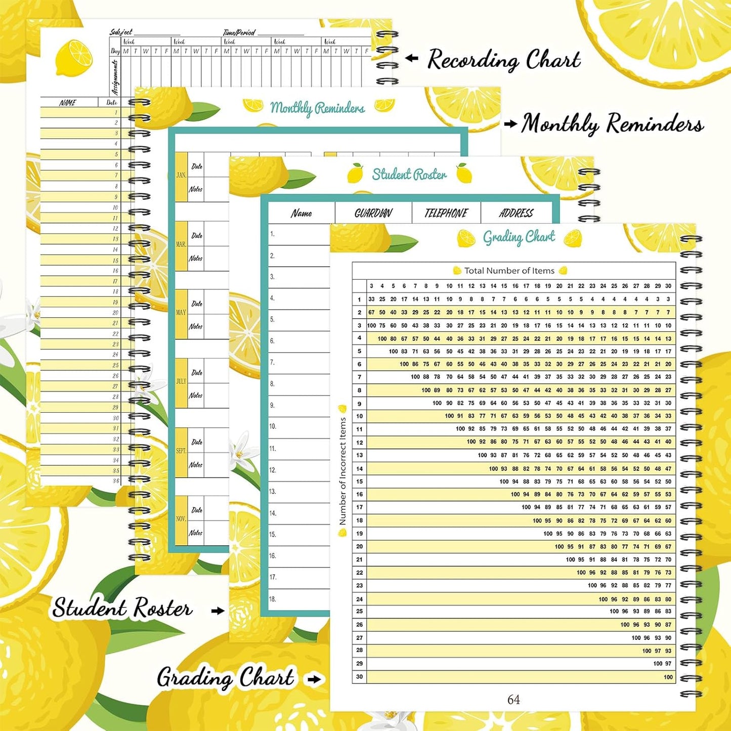 Faccito 8.3'' x 11'' Teacher Record Book 2025 Grade Book Undated Attendance Register Class Student Roster Monthly Reminder Grading Chart Gift for Elementary Classroom School Office(Lemon Style)