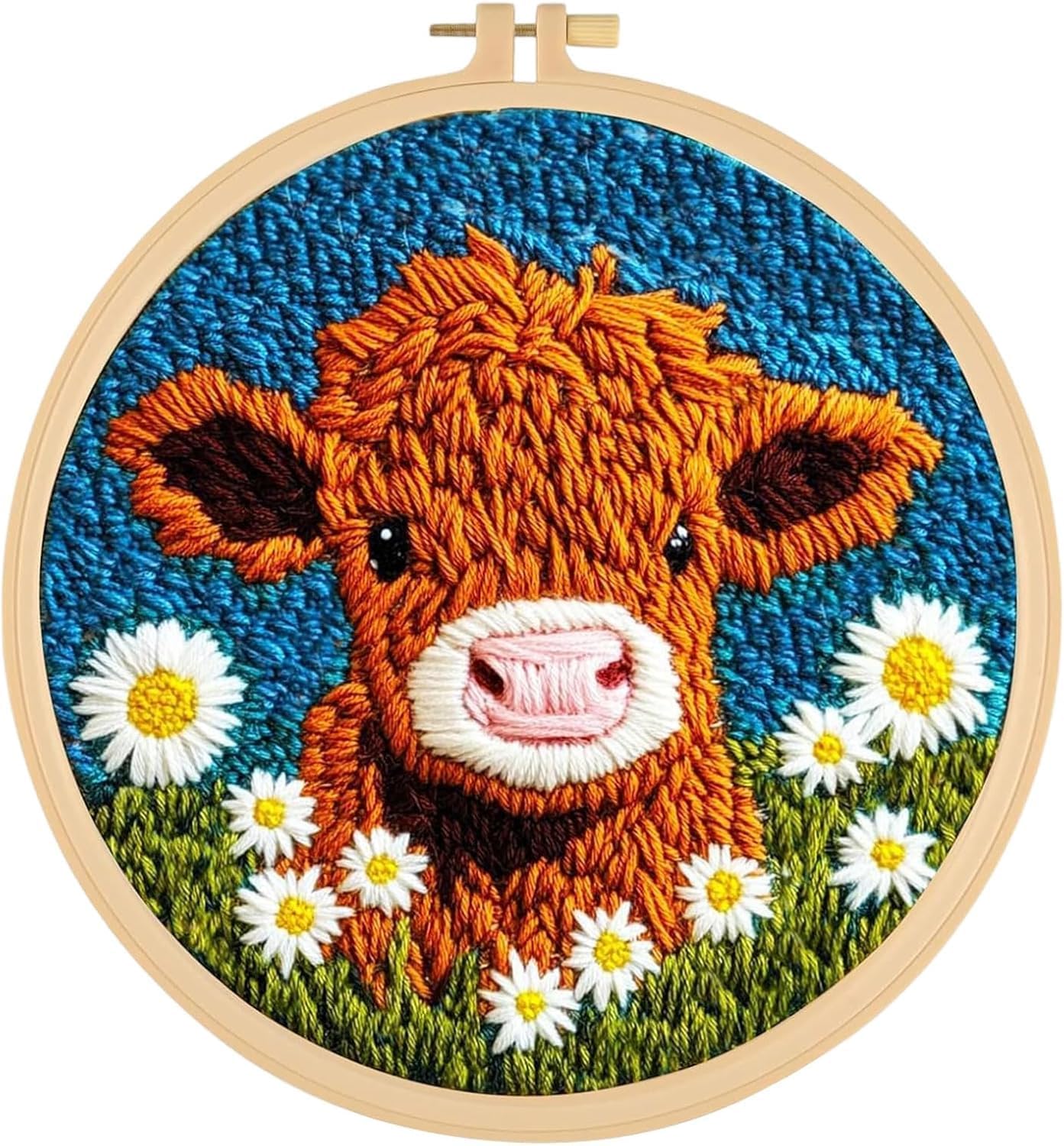 RUIQLXHANG Punch Needle Kits Adults Beginner, Cute Cartoon Highland Cow with Daisy Flower for Beginners, Punch Needle Starter Craft Set with 20cm Hoop, Perfect for Festival Gift and Decoration