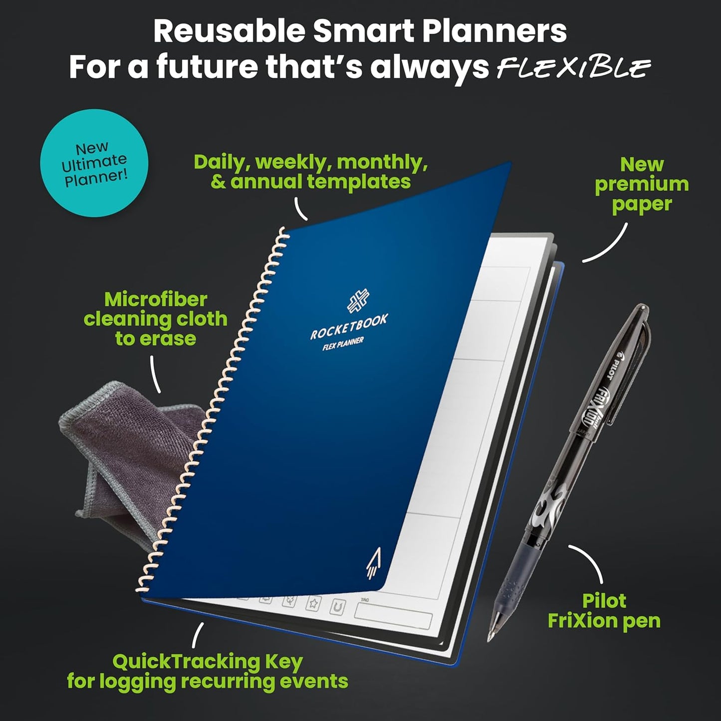 Rocketbook Flex Planner, Reusable Undated Smart, Executive Size 6x8.8 in Navy Blue – Daily, Weekly, Monthly, Annual Calendar, Tasks, Goals, Scheduling, Productivity, App Connected, Erasable, Durable Cover