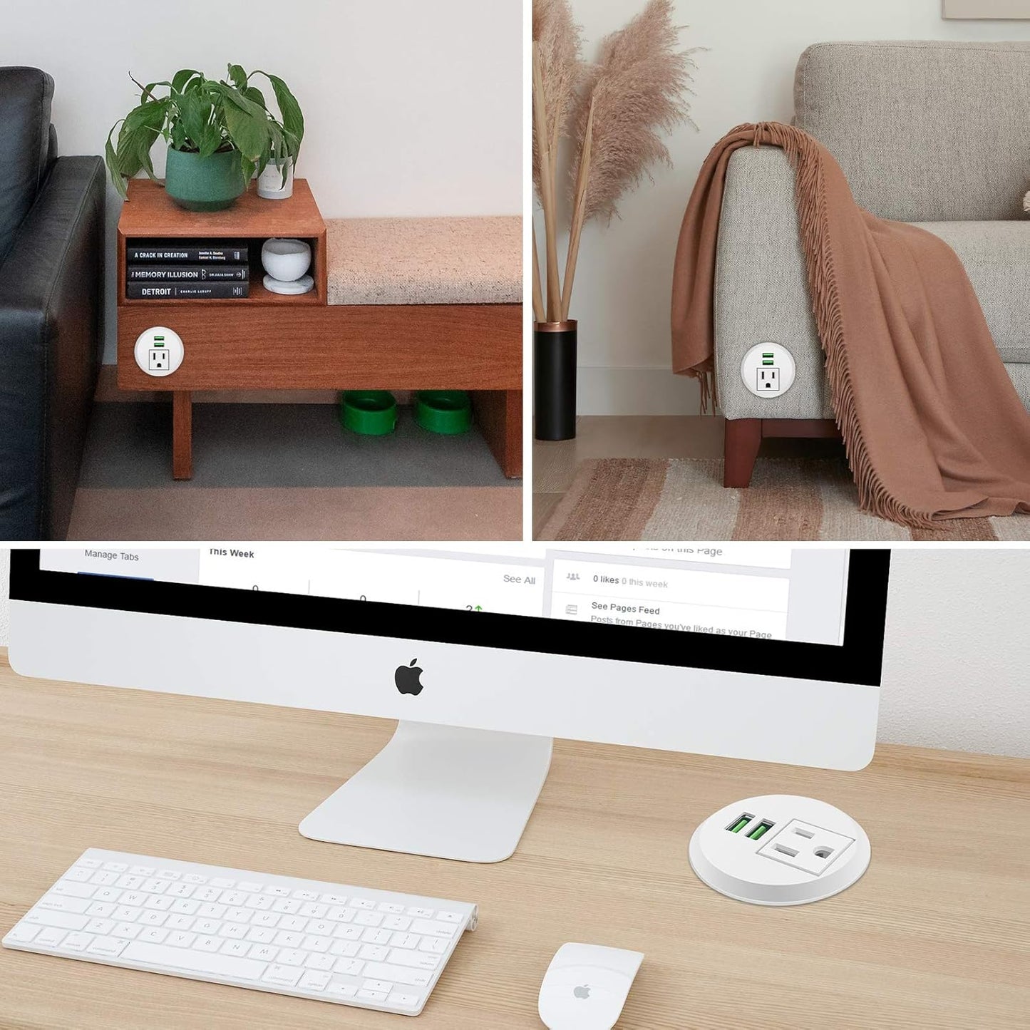 Desk Power Grommet wiht USB, Fits 2 inch Grommet Hole, Recessed Power Strip Socket, Plug in 2 Outlet 6.5 ft Extension Cord (White Round)