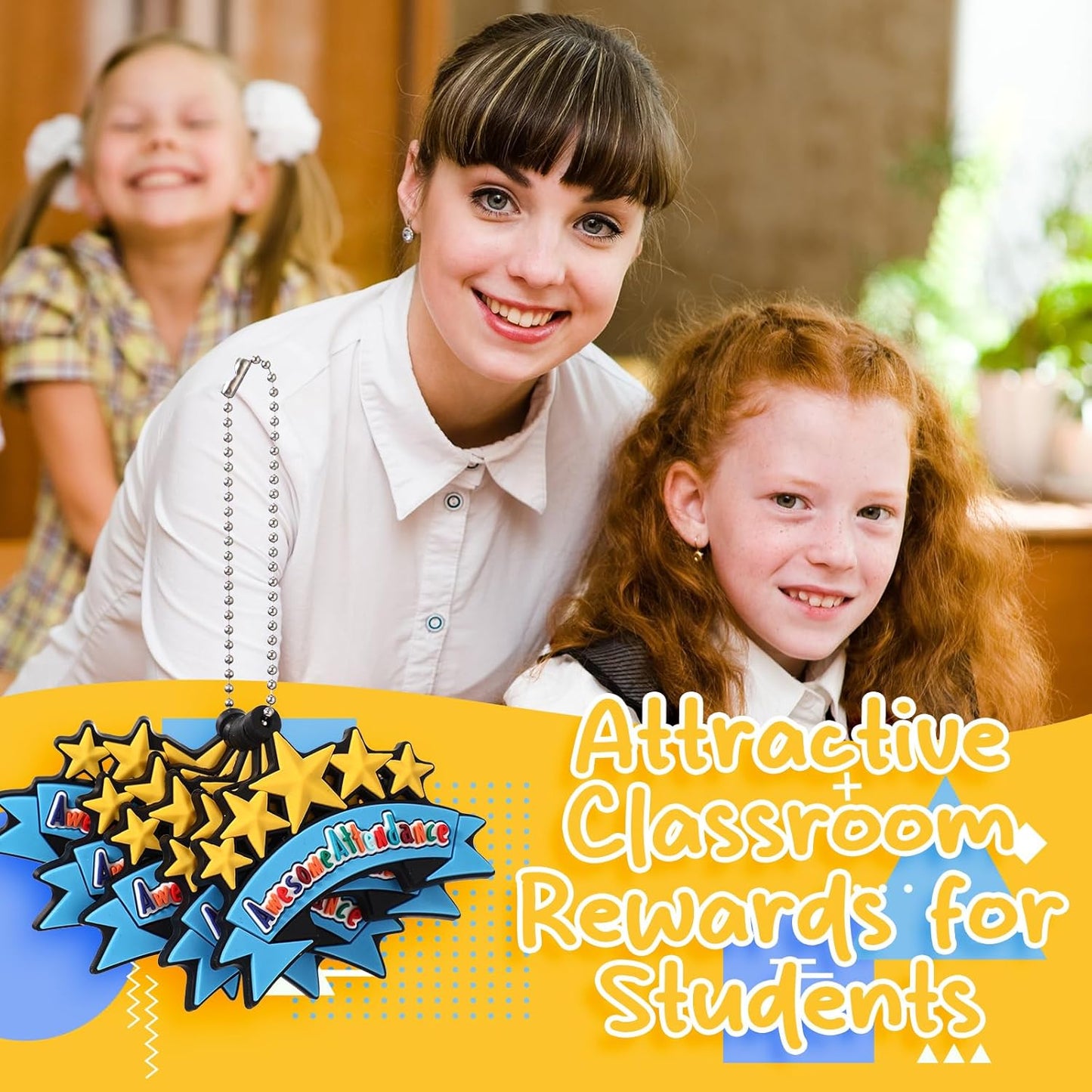 300 Pcs Awesome Attendance Silicone Tags with Chains, Motivational Brag Awards for Students, Classroom Incentives, Teacher Rewards, Reading Competition Prizes, Wearable Encouragement Gifts