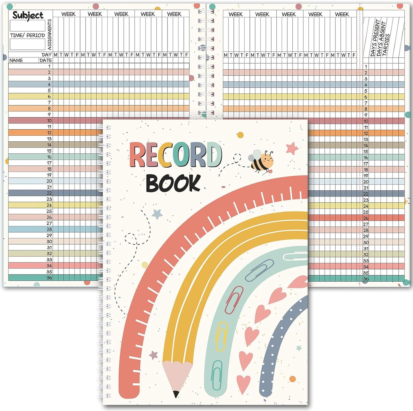 Teacher Record Book Teacher Grade Book Spiral Bound Record Class Gradebook Office Favors Gift for Classroom Attendance Supplies Decoration Double Sided Color Printing(Boho)