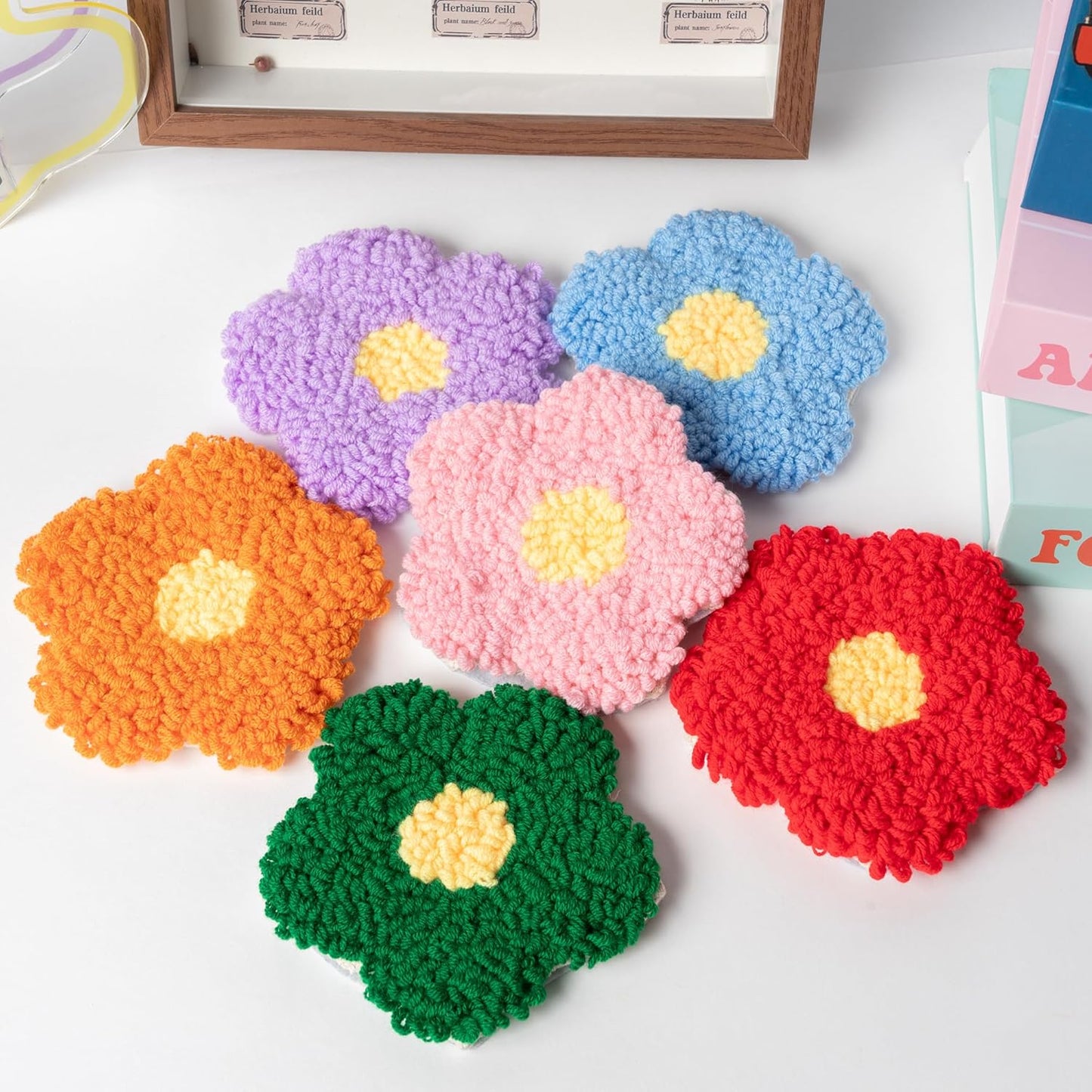 WATINC Flower Punch Needle Coaster Kit - 22Pcs Crafts Punch Needle Coasters Kits for Beginners, Flower Patterns Tufted Rug Pads with Adhesive Felt Yarns Embroidery Hoop Instruction