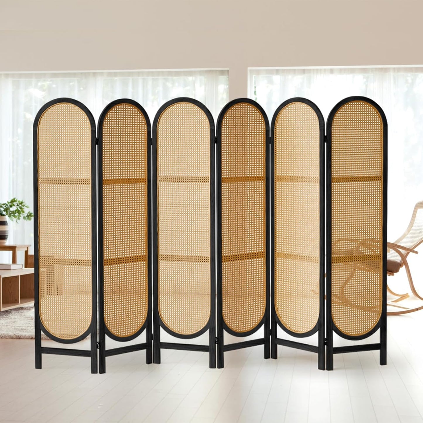 6 Panels Room Dividers and Hand-Woven Rattan Room Divider Wall, Wood Room Divider Folding Privacy Screens for Home Office Bedroom, Black