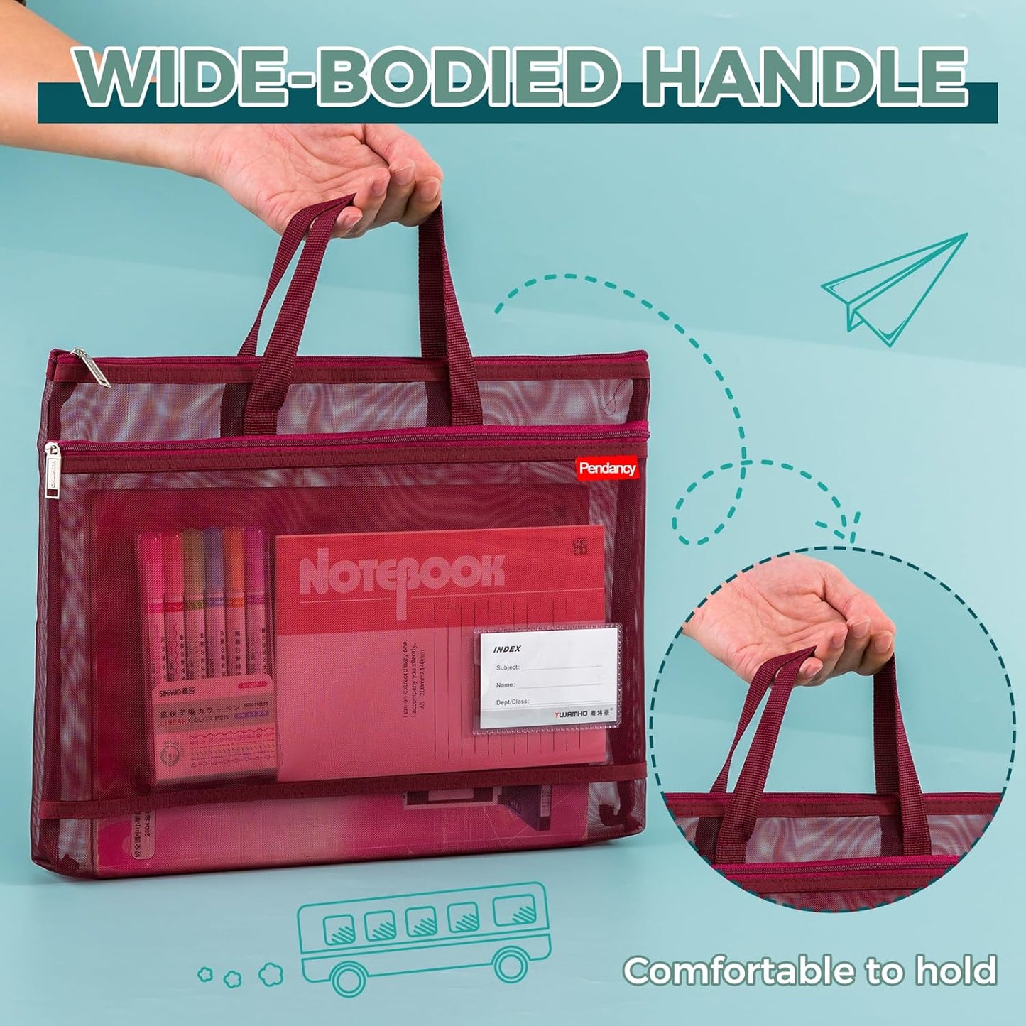 Pendancy Mesh Zipper Pouch A3 Size, Large Double Pocket Lightweight Nylon Transparent File Bag with Handle, 13x17 in Foldable Document Storage for Puzzle Project/Cross Stitch/Travel/Office (Red)