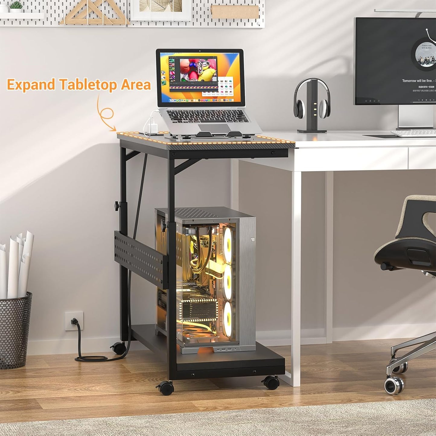 32" Large Computer Tower Stand with Power Strips, 4 Levels Manual Height Adjustable PC Tower Stand for Under Desk, Mobile Rolling CPU Holder Computer Cart with Wheels, Carbon Fiber Black