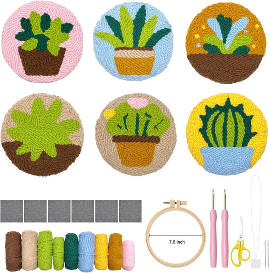 Punch Needle Kit for Adults Beginners, 6Pcs Succulent Plants Punch Coaster Starter Kit, Easy Embroidery Stitch Set with Instructions – Fun DIY Needle Point Craft for Table Decor & Festival Gifts