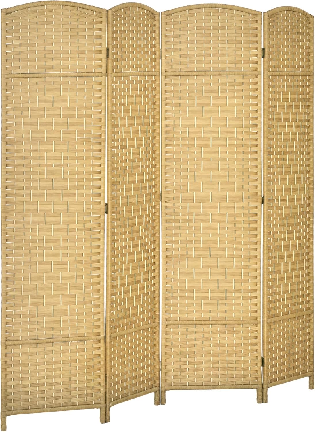 HOMCOM 4 Panel Room Divider, 6' Tall Folding Privacy Screen, Hand-Woven Freestanding Wood Partition for Home Office, Bedroom, Nature Wood