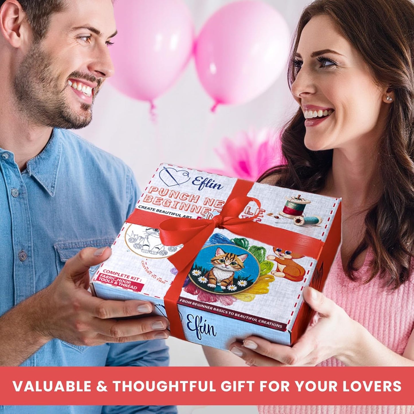 Eflin Punch Needle Kits Adults Beginner - Needlepoint Kits for Adults, Cute Cat & Daisy Pattern, Natural Bamboo Hoop, Yarns, Tools, Craft Kits for Beginners, Rare Gift for Crafts, Decors, Festivals