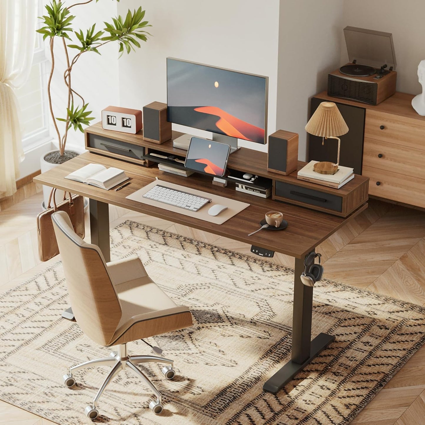 Agilestic 48 Inch Electric Standing Desk with Drawers, Adjustable Desk with Storage Shelf, Stand Up Home Office Computer Table, Splice Board, Dark Walnut