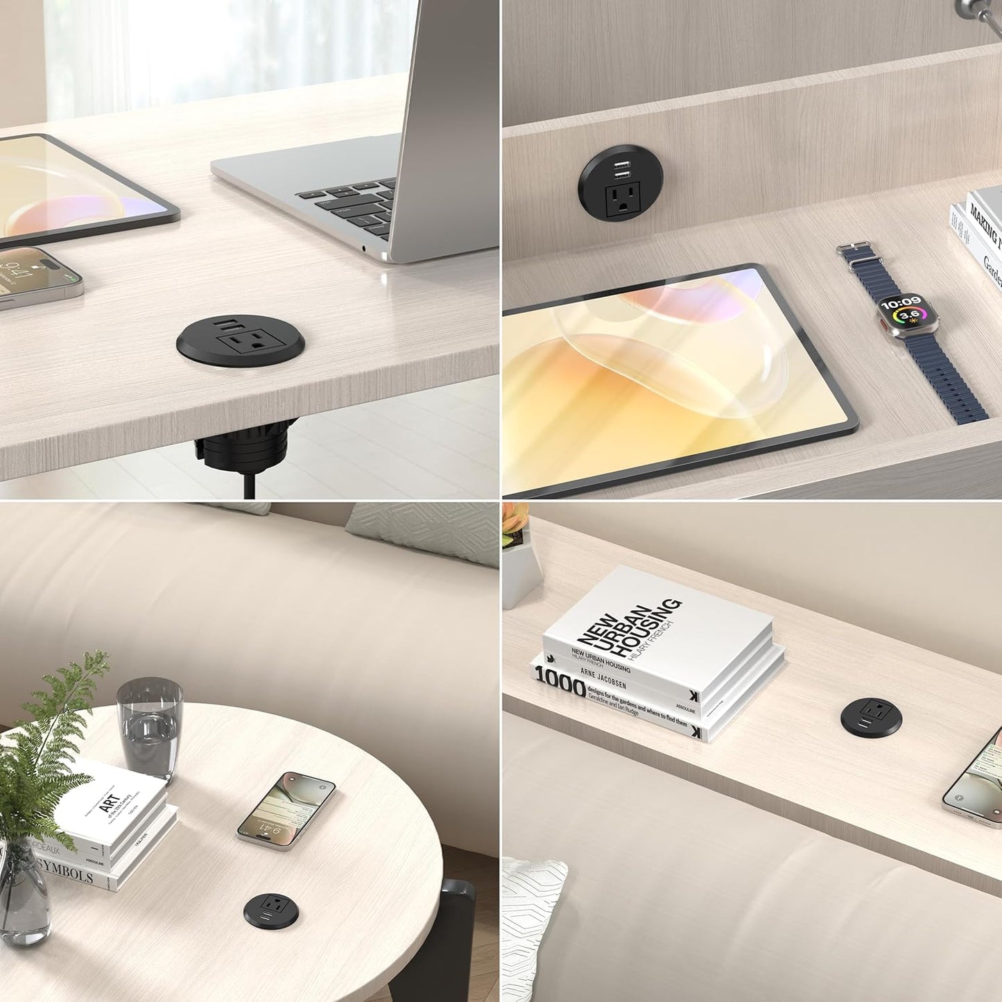 VILONG Desk Power Grommet with 2 USB, Fits 2 inch Grommet Hole, Recessed Power Strip Socket, Plug in 2 Outlet 6 ft Extension Cord (ETL Listed)