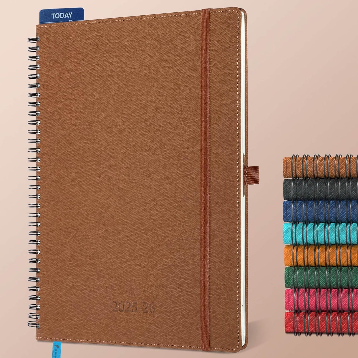 Planner 2025-2026 Daily Weekly and Monthly,11.5"x8.5",18 Months Spiral Bound Calendar Agenda with Self-adhesive Pen Holder,2026 Academic Plan with Vegan Leather Soft Cover,Brown
